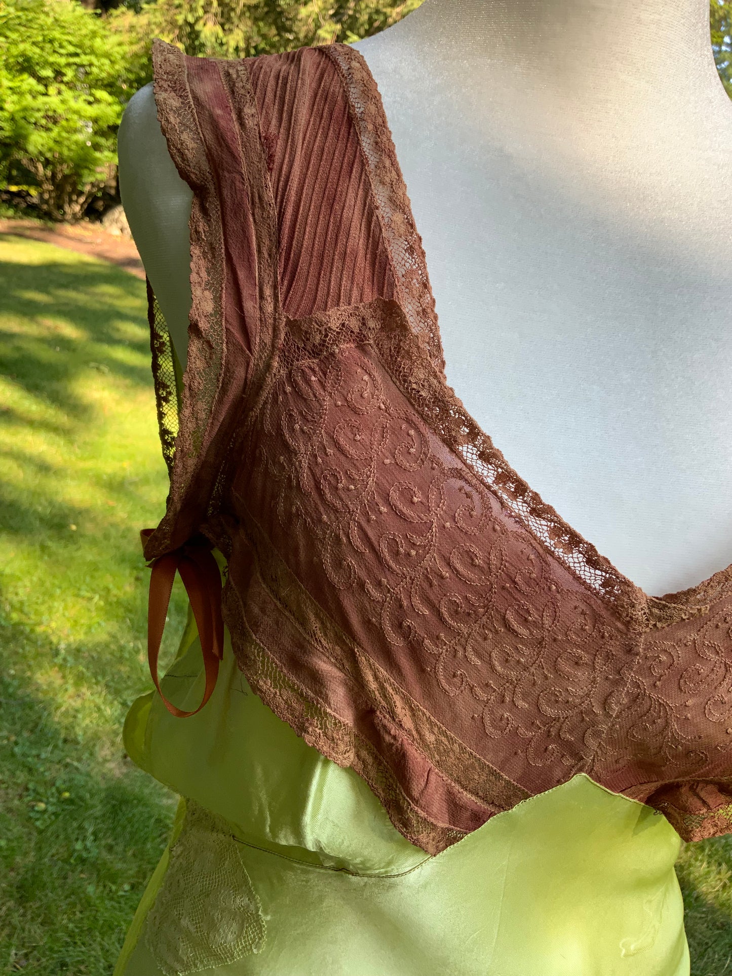 Hand Dyed Antique Silk Slip Dress Chartreuse Green Artist Reimagined 1930s 1940s Silk Nightgown One of a Kind Wearable Art-40C