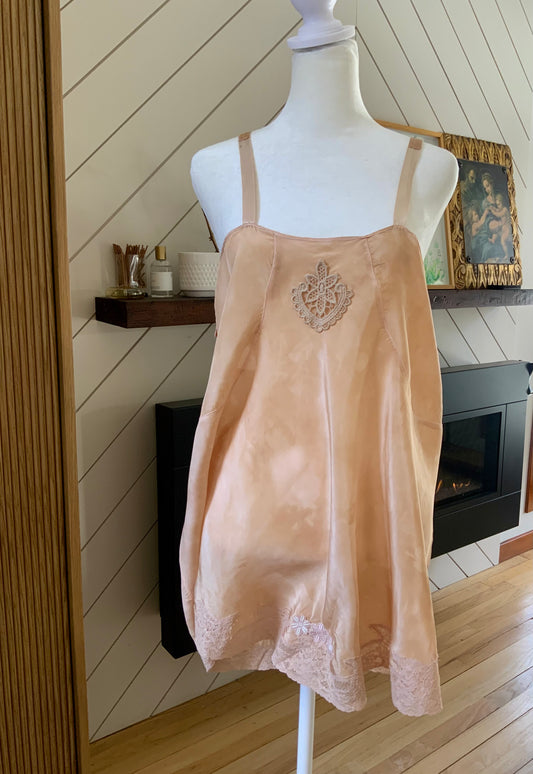 1920s–30s Tea-Dyed Silk Boudoir Teddy | Antique Peach Silk Chemise | Restored Lace Lingerie | Romantic French Style Teddy-20AM