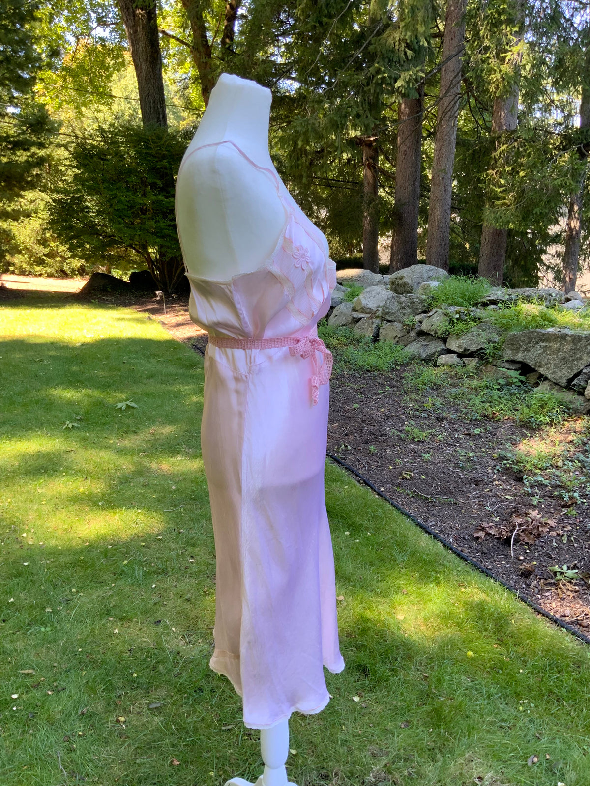 1930s Blush Pink Satin Bias Cut Slip Dress with Pleated Trim.30CN