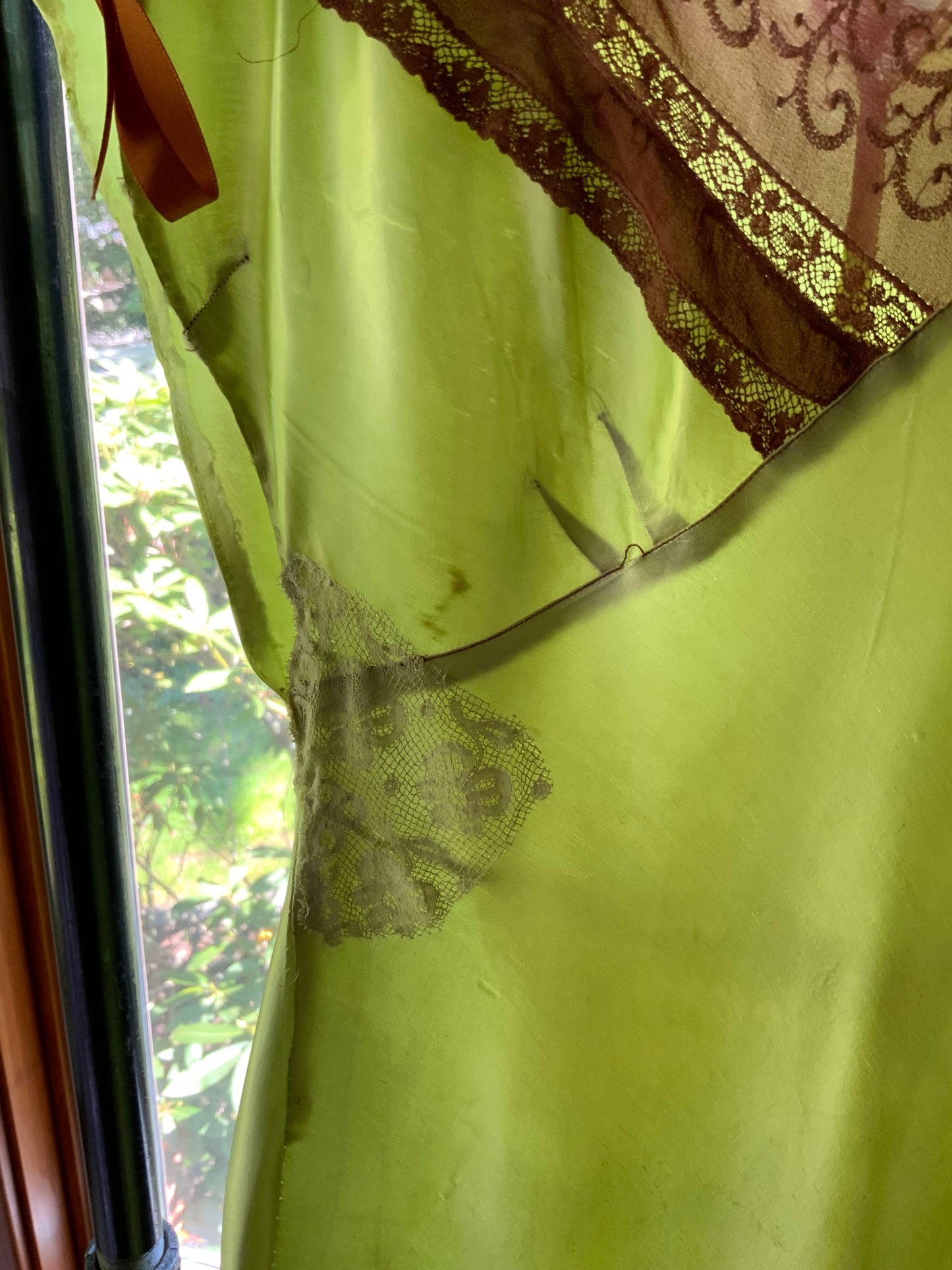 Hand Dyed Antique Silk Slip Dress Chartreuse Green Artist Reimagined 1930s 1940s Silk Nightgown One of a Kind Wearable Art-40C