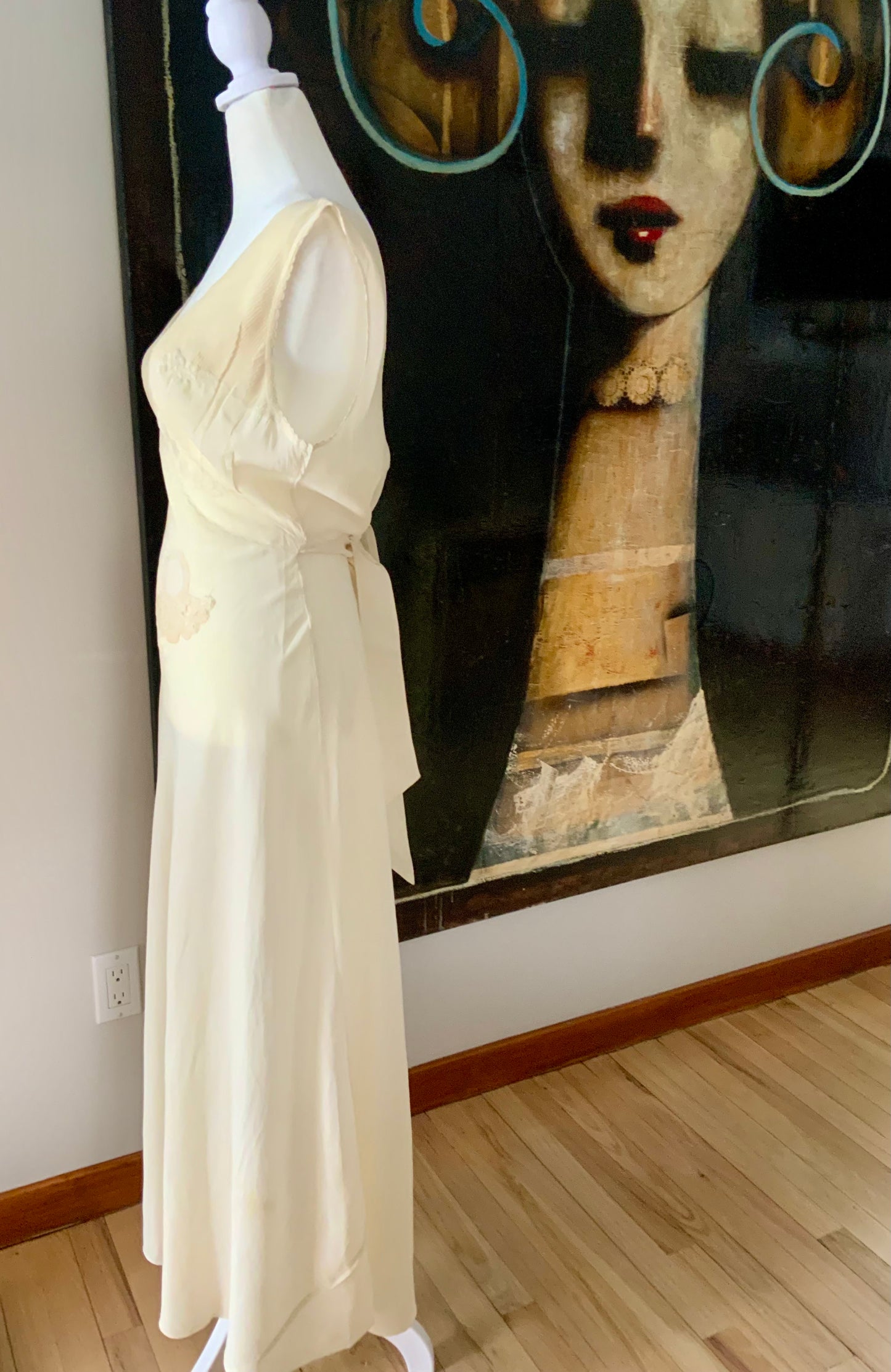 Antique 1930s–40s Pure Silk Nightgown — Ivory Bias Cut Slip Dress with Pintucks & Embroidery-40AT