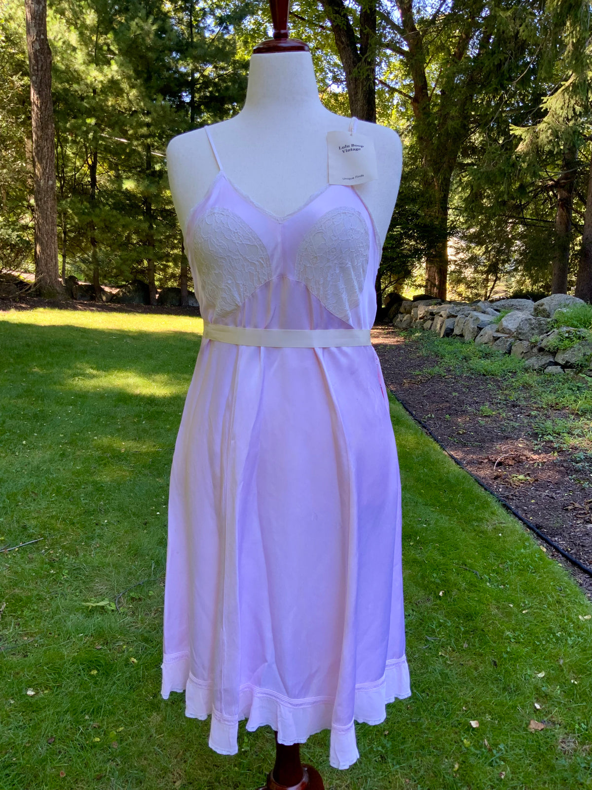 1930s Pink Satin Slip Dress with Lace and Chiffon Ruffle.30CJ