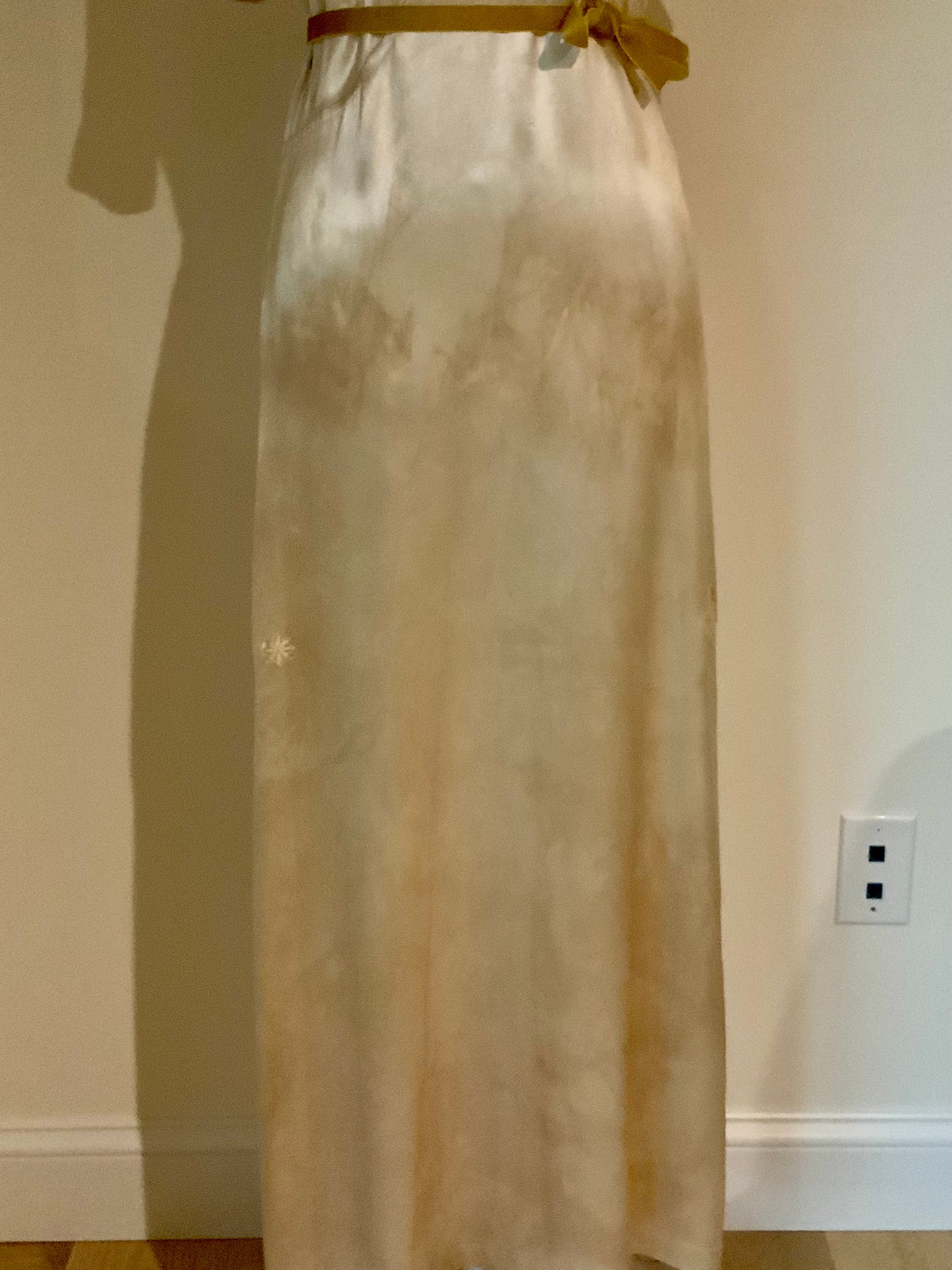 Rare 1930s Tea-Dyed Silk Hostess Gown with Original Floral Appliqué Details