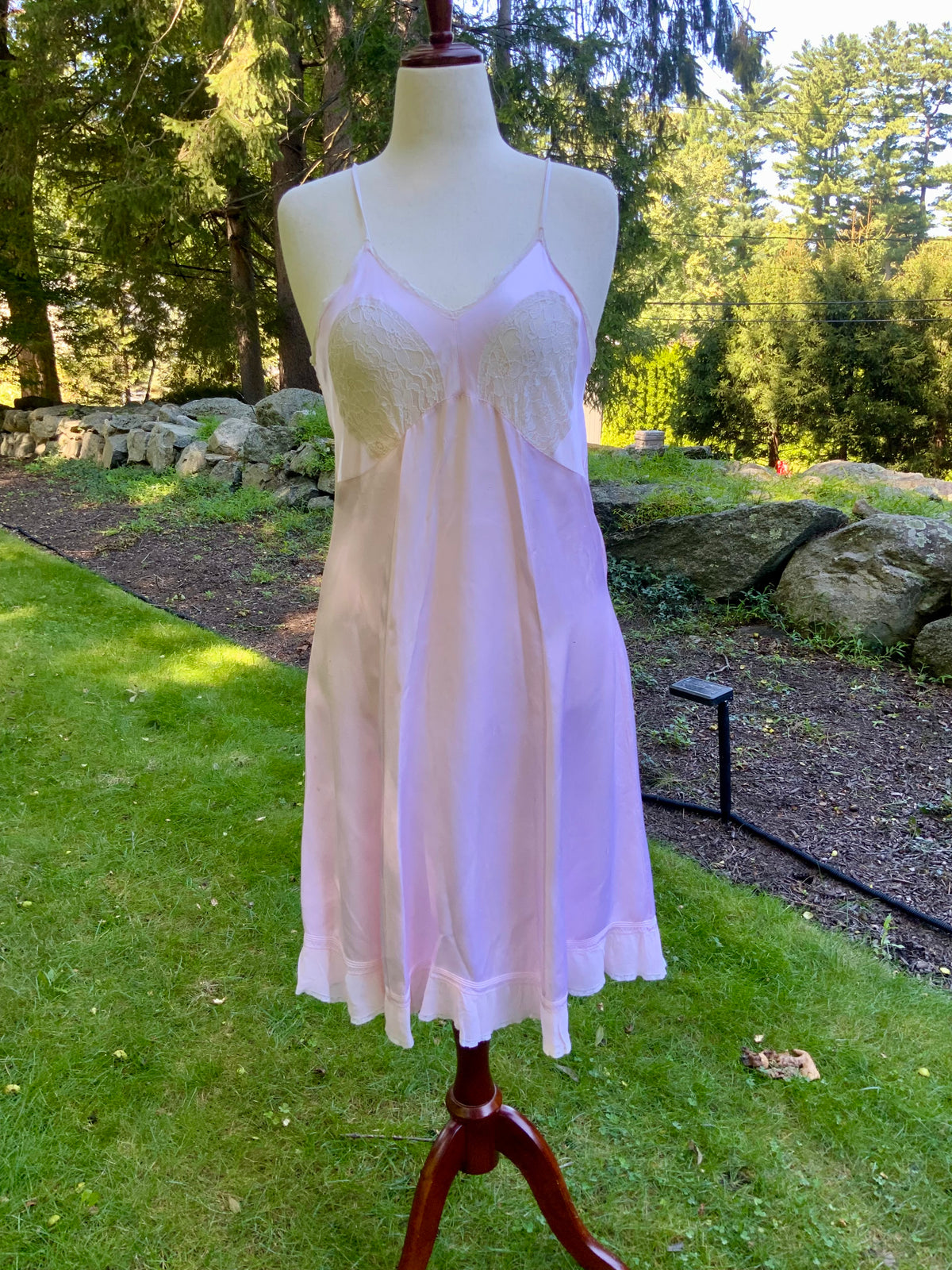 1930s Pink Satin Slip Dress with Lace and Chiffon Ruffle.30CJ