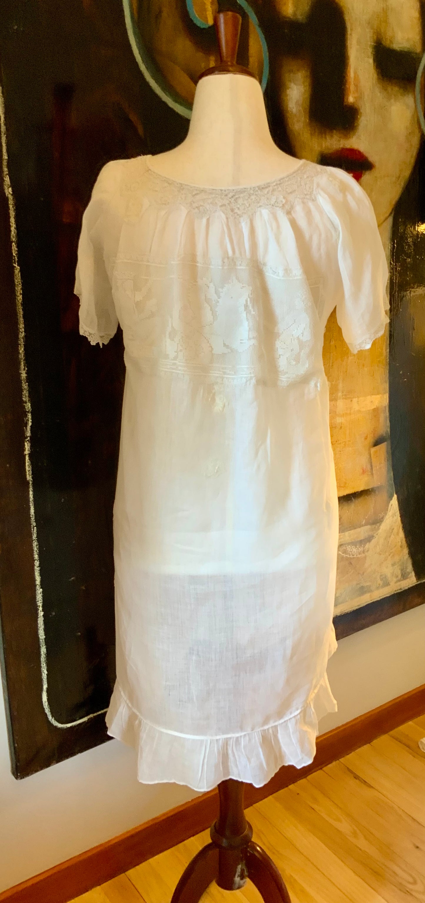 Antique Edwardian Cotton Nightgown “Carmela” Hand Repaired with Filet Lace Appliqués – Restored Heirloom Piece-ED81