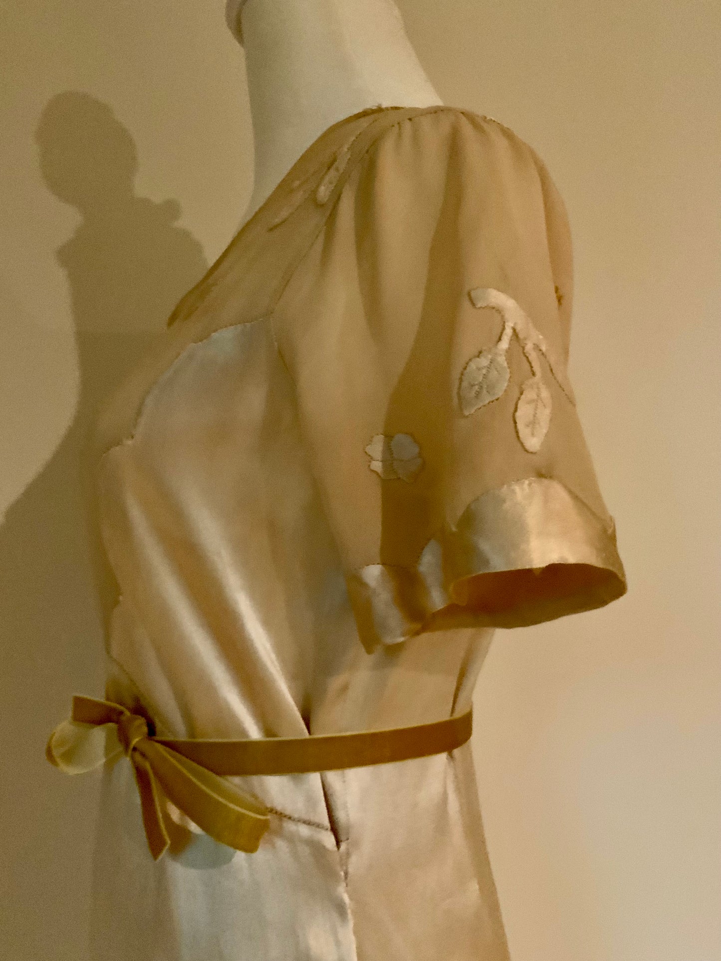 Rare 1930s Tea-Dyed Silk Hostess Gown with Original Floral Appliqué Details