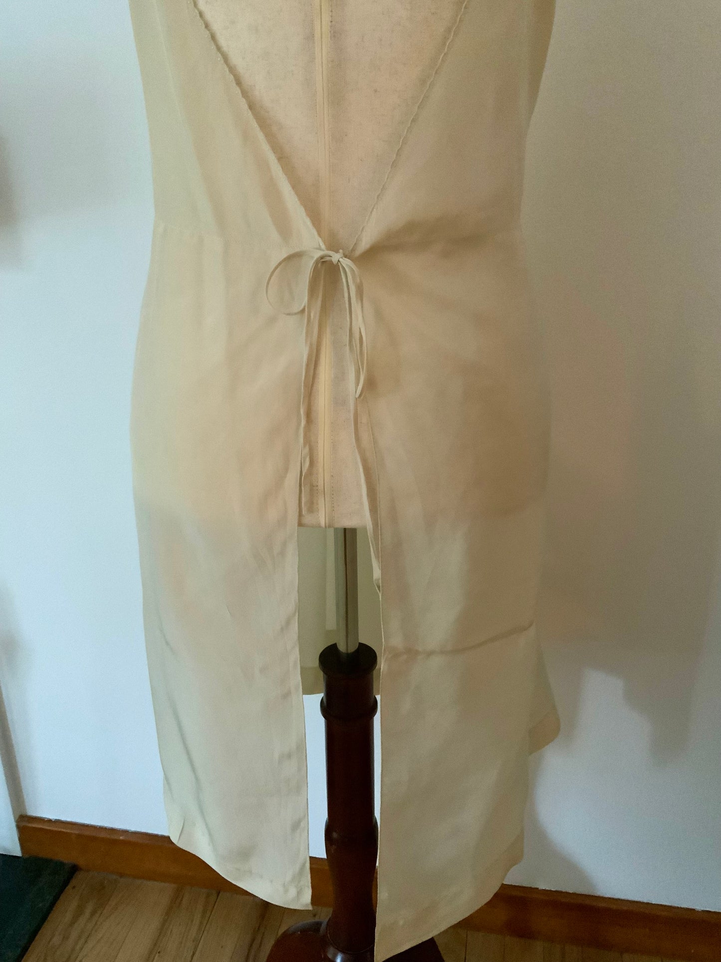 Antique silk lingerie slip, circa 1918–1922, featuring rare open-back drawstring construction and hand-embroidered bust panels- 20AR
