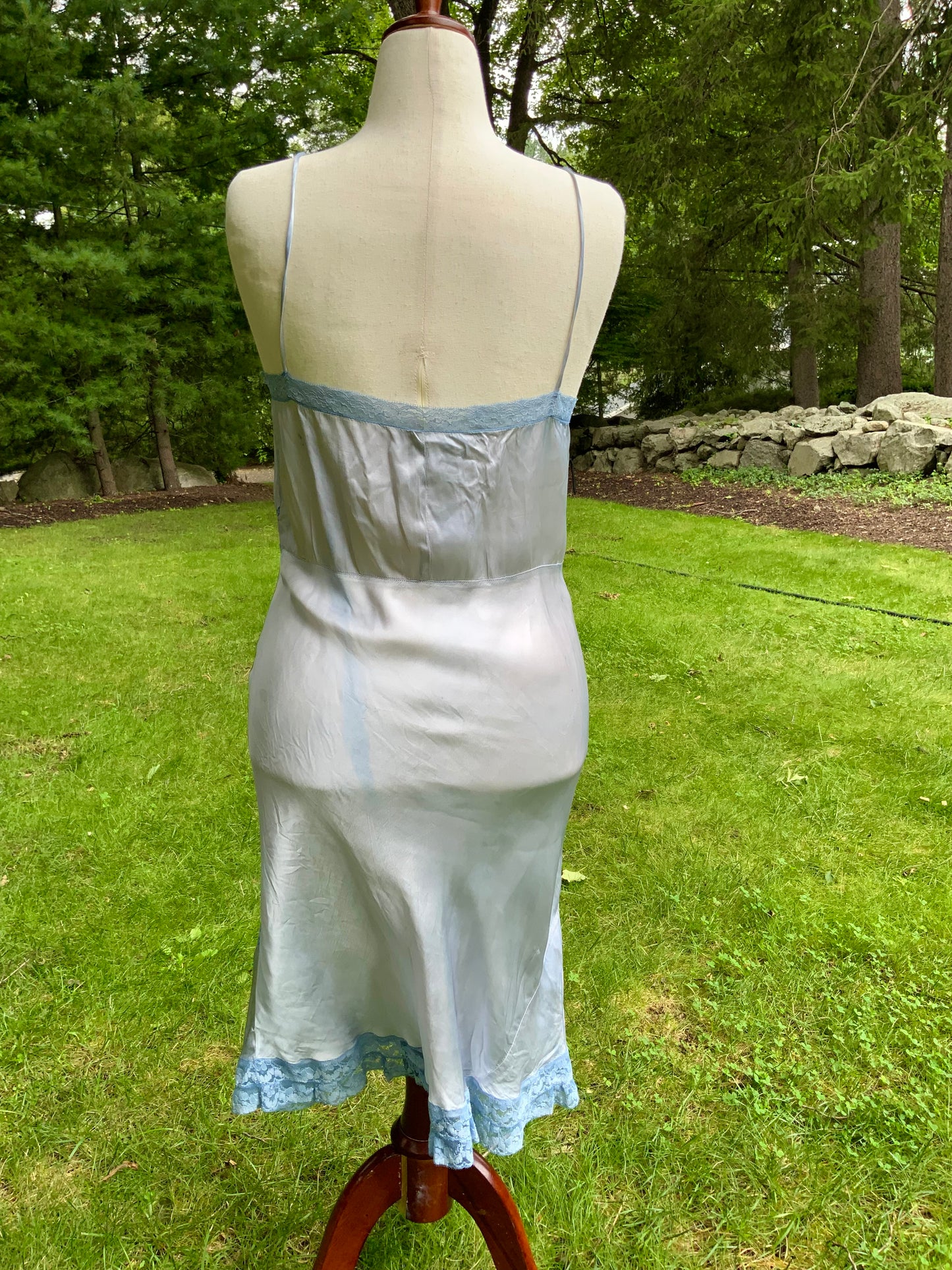 1930s Hand-Dyed Ice Blue Satin and Lace Bias-Cut Full Slip.50BA