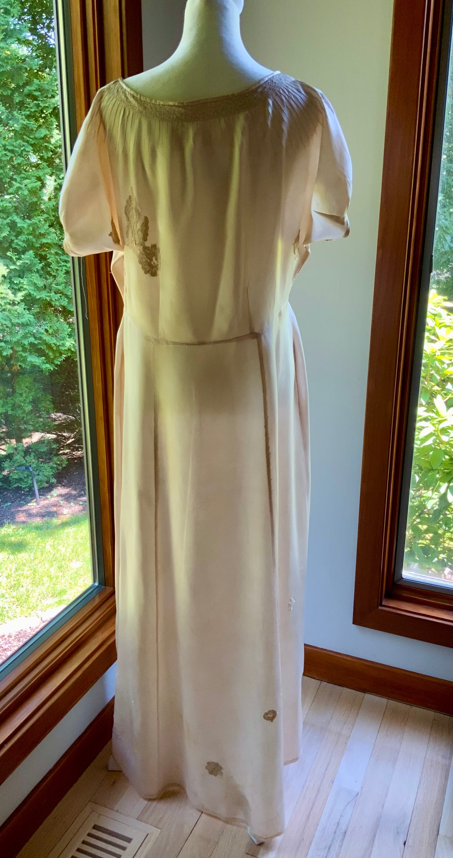 1930s Tea Dyed Silk Gown | Restored Antique Silk Lounge Dress | Lace Appliqué