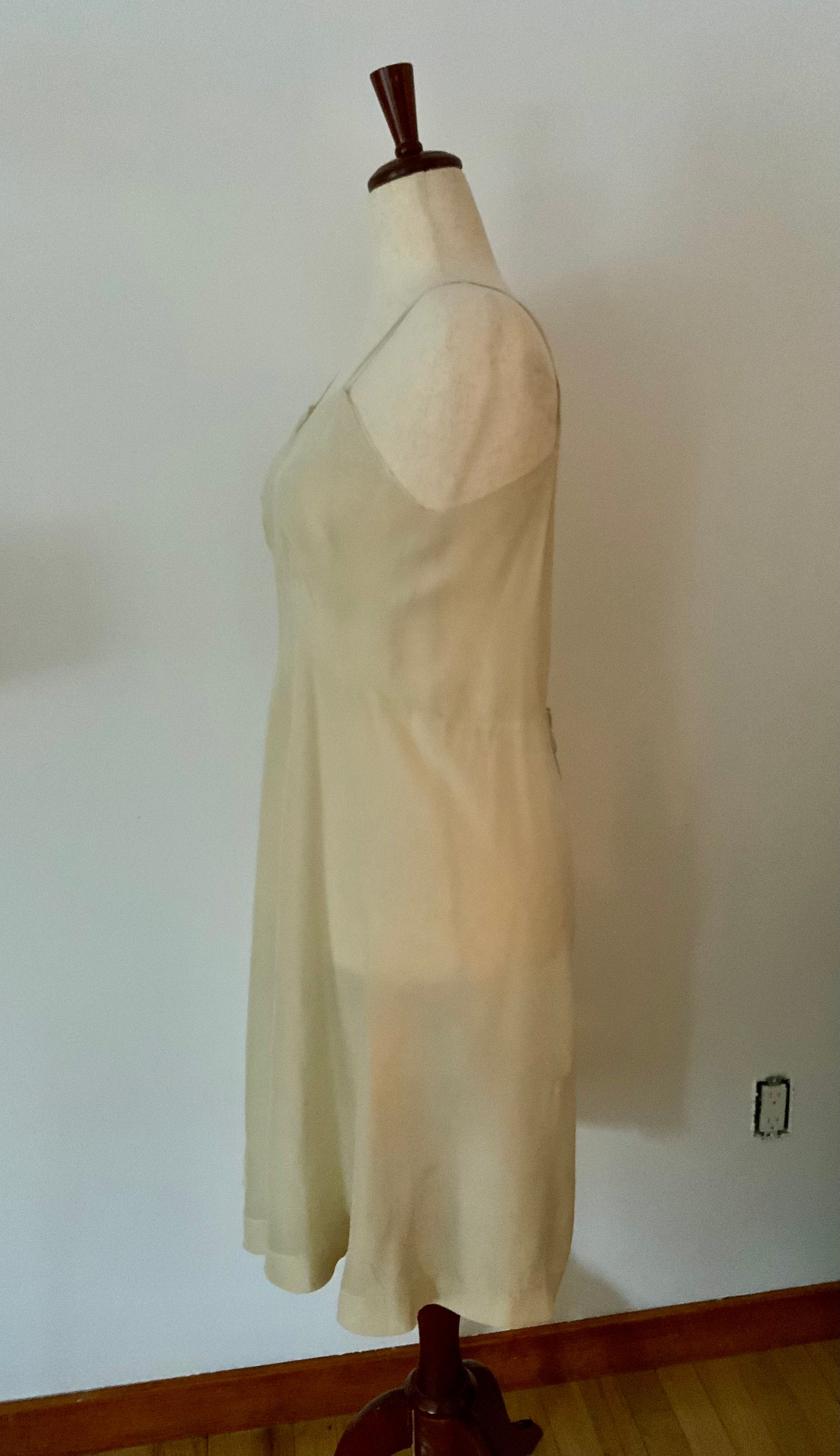 Antique silk lingerie slip, circa 1918–1922, featuring rare open-back drawstring construction and hand-embroidered bust panels- 20AR
