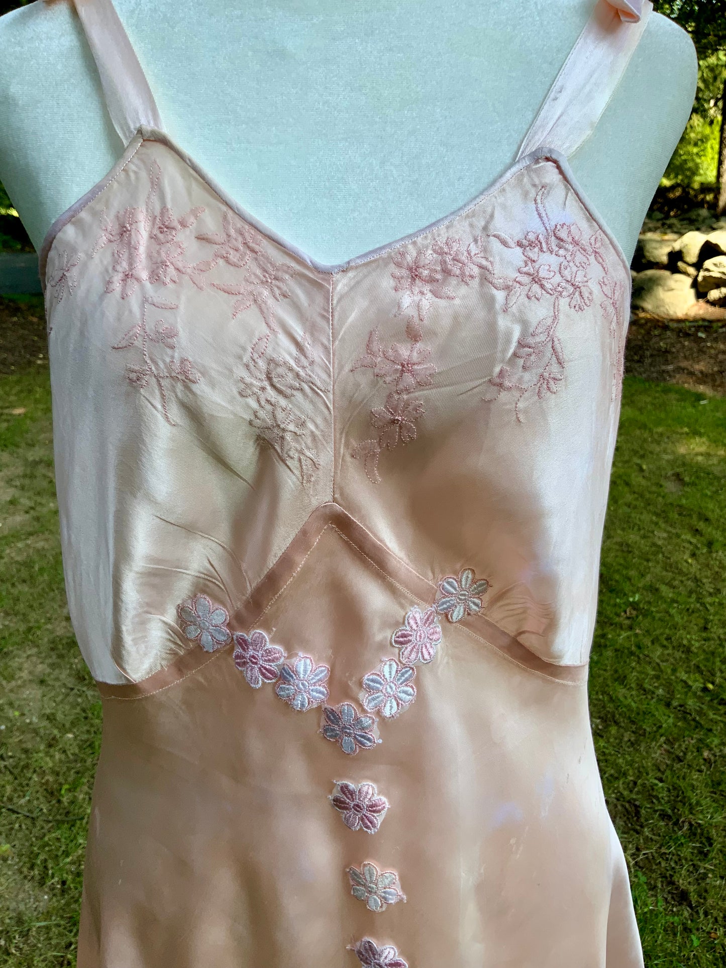 1940s Vintage Peach Satin Slip Dress Embroidered Floral Bodice Restored Bridal Boudoir Nightgown.40CG