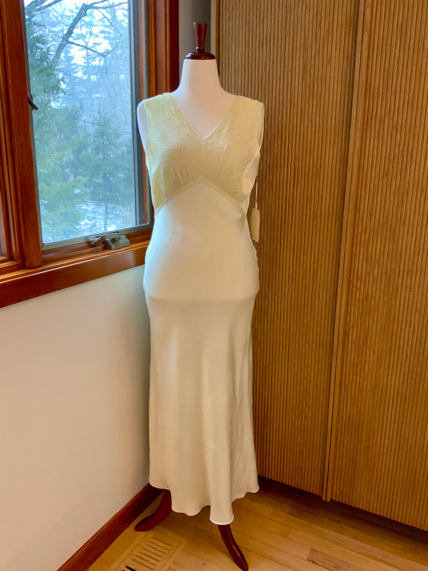 1970s Hand Dyed Bias Cut Satin Gown | 1940s Inspired Lace Bodice Maxi Dress | Pale Celadon Vintage Slip Dress- 40V