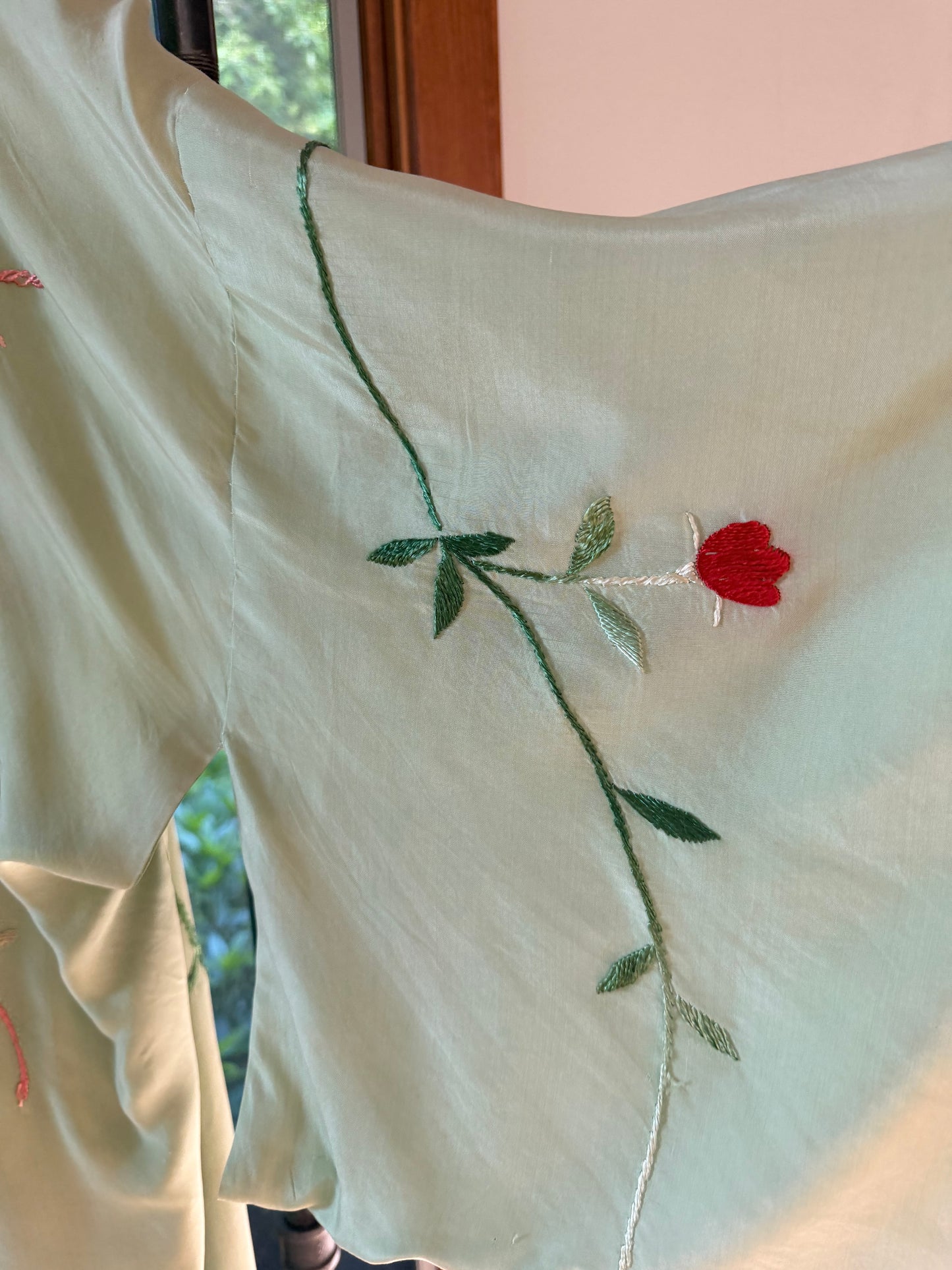 Vintage Japanese Silk Embroidered Kimono | Celadon Green Floral Robe
-40CD