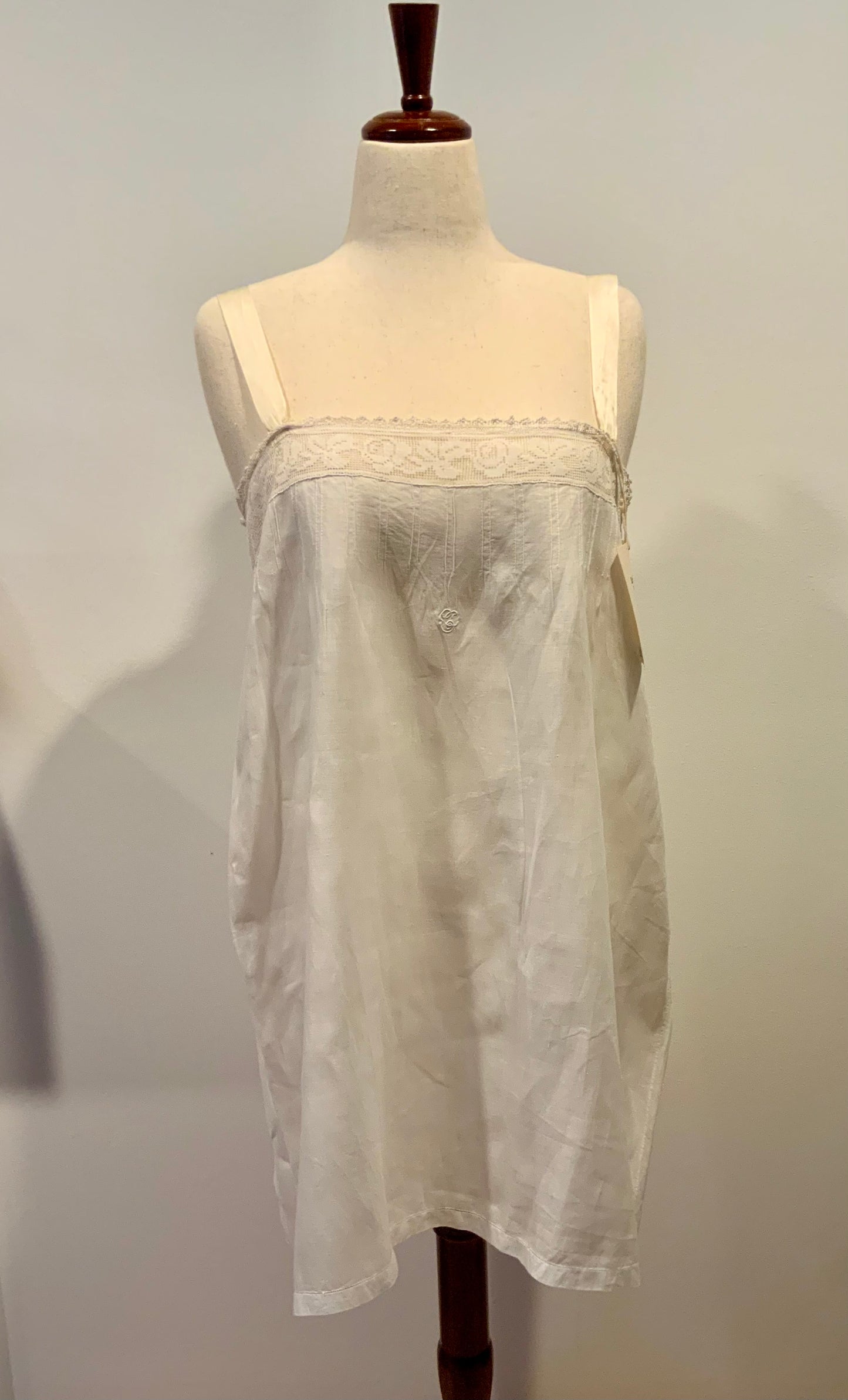 Antique Slip Dress - Filet Lace - Embroidered Initials E C - 1920 - 20C