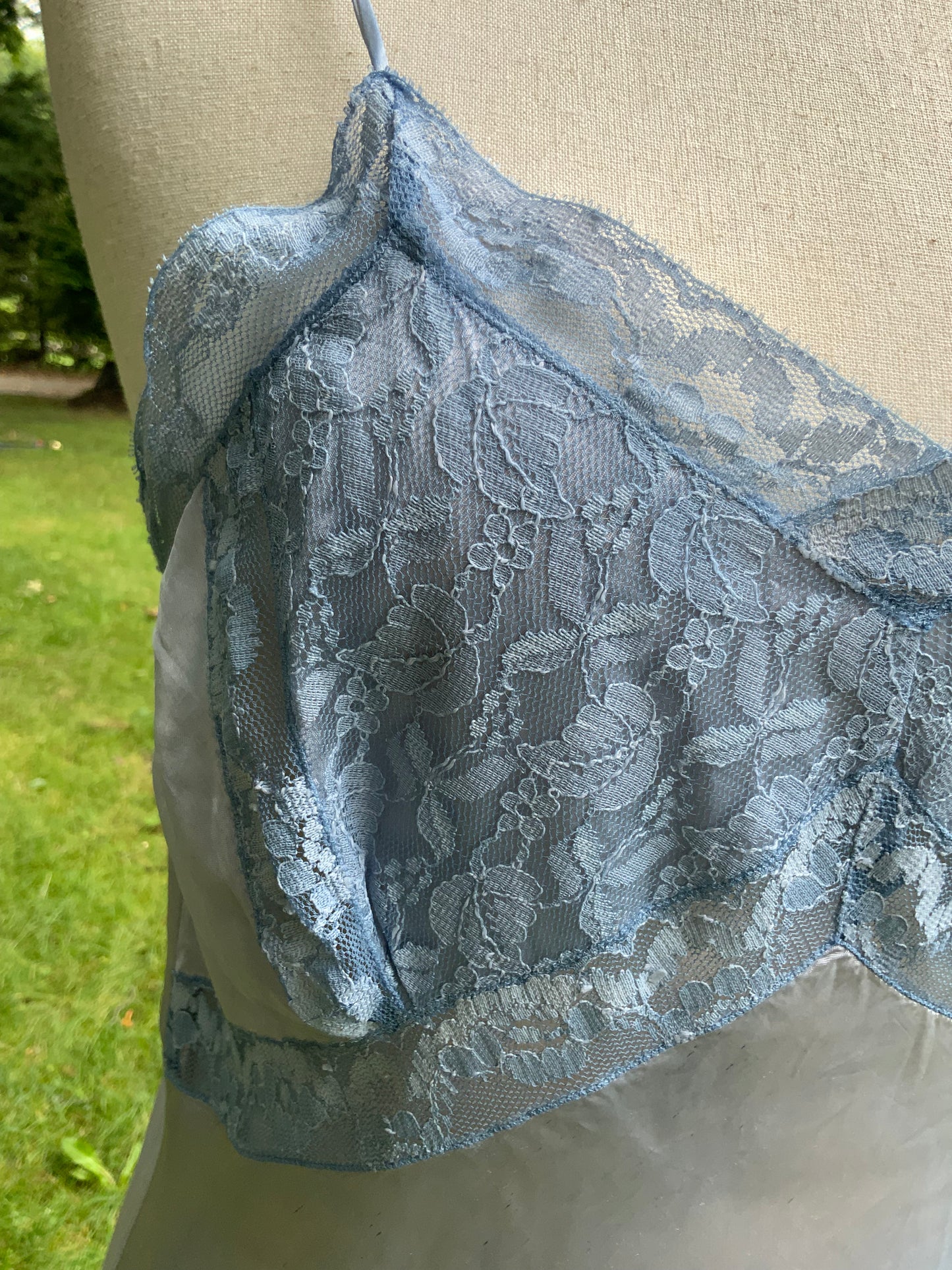 1930s Hand-Dyed Ice Blue Satin and Lace Bias-Cut Full Slip.50BA