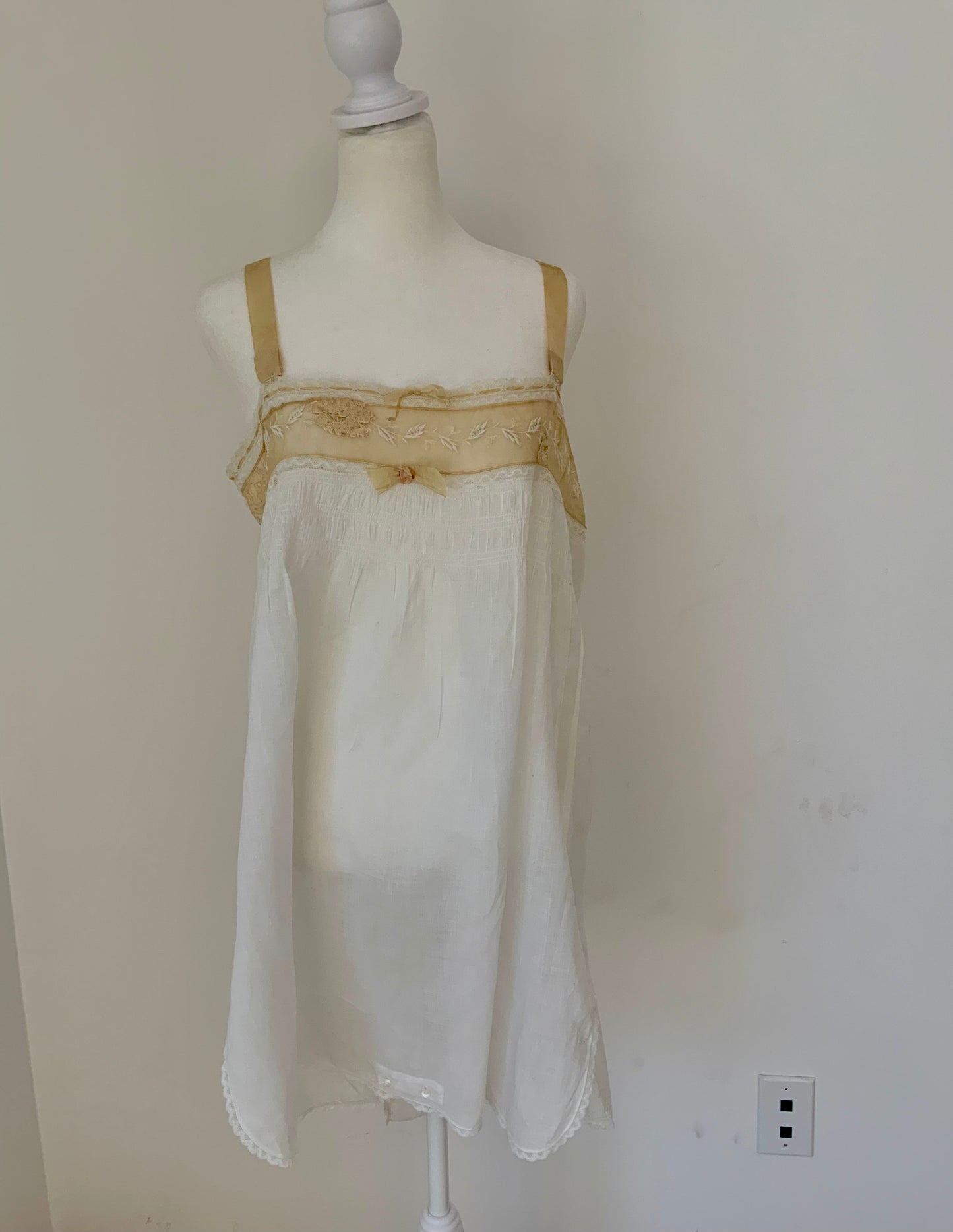 Edwardian Cotton Batiste Teddy | Antique Embroidered Sheer Band Step-In with Lace Appliqué-ED53