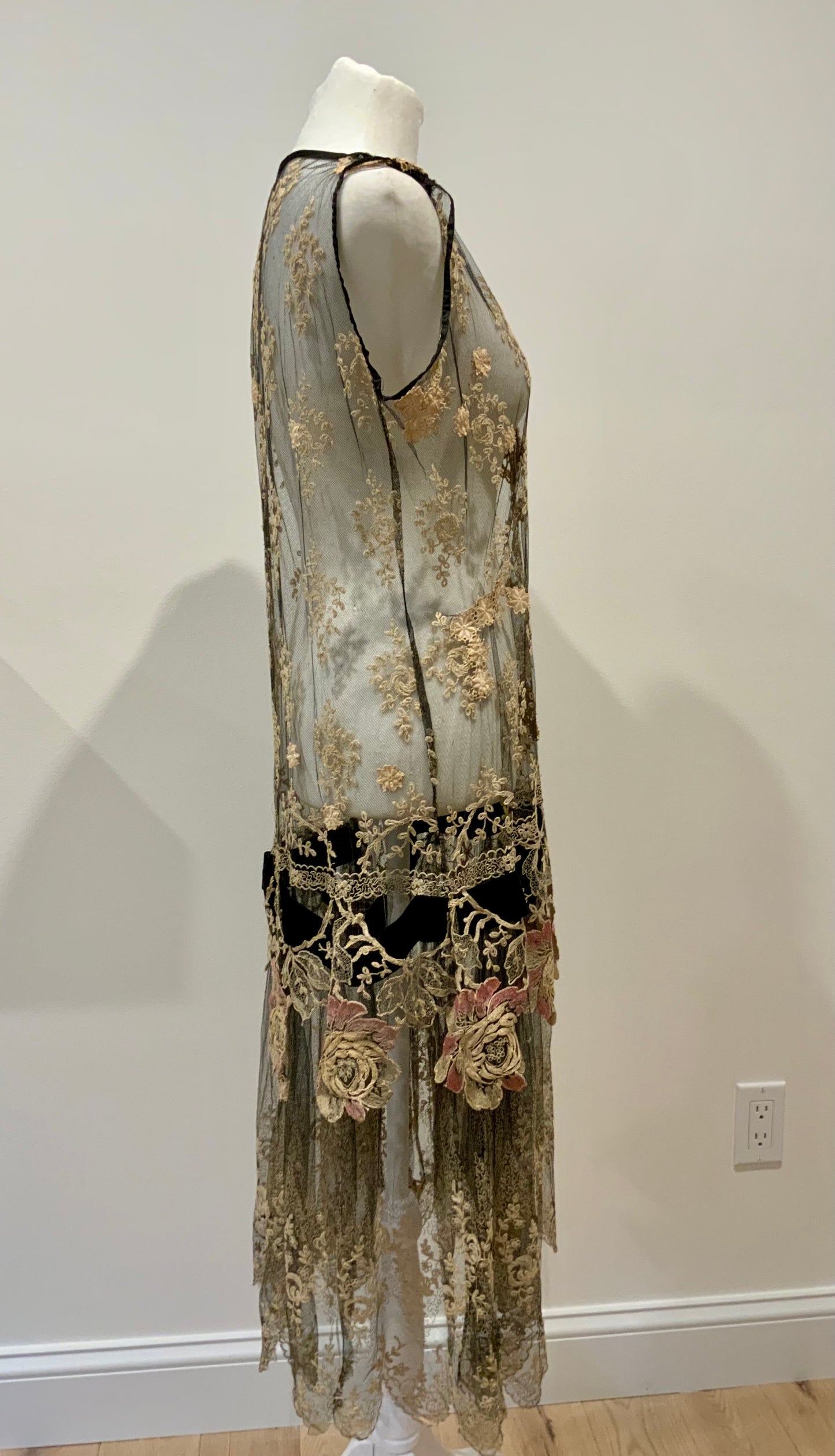 Rare 1920s French Lace Dress. Black Net & Pink Floral Embroidery. Restored Antique Flapper Dress.20AT.