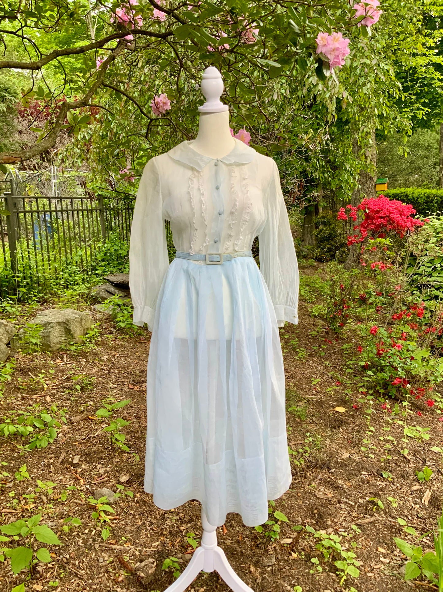 Late 1930s 1940s Sheer Blue Cotton Organdy Dress Romantic Lingerie Style Dress-30CR