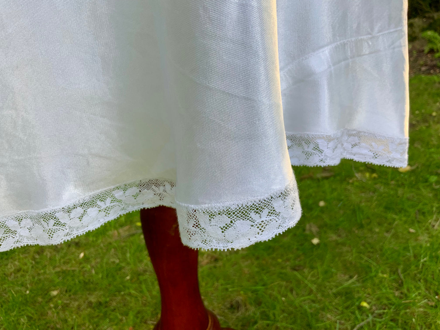 1930s White Satin Bias Cut Slip Dress with Floral Lace .40BT