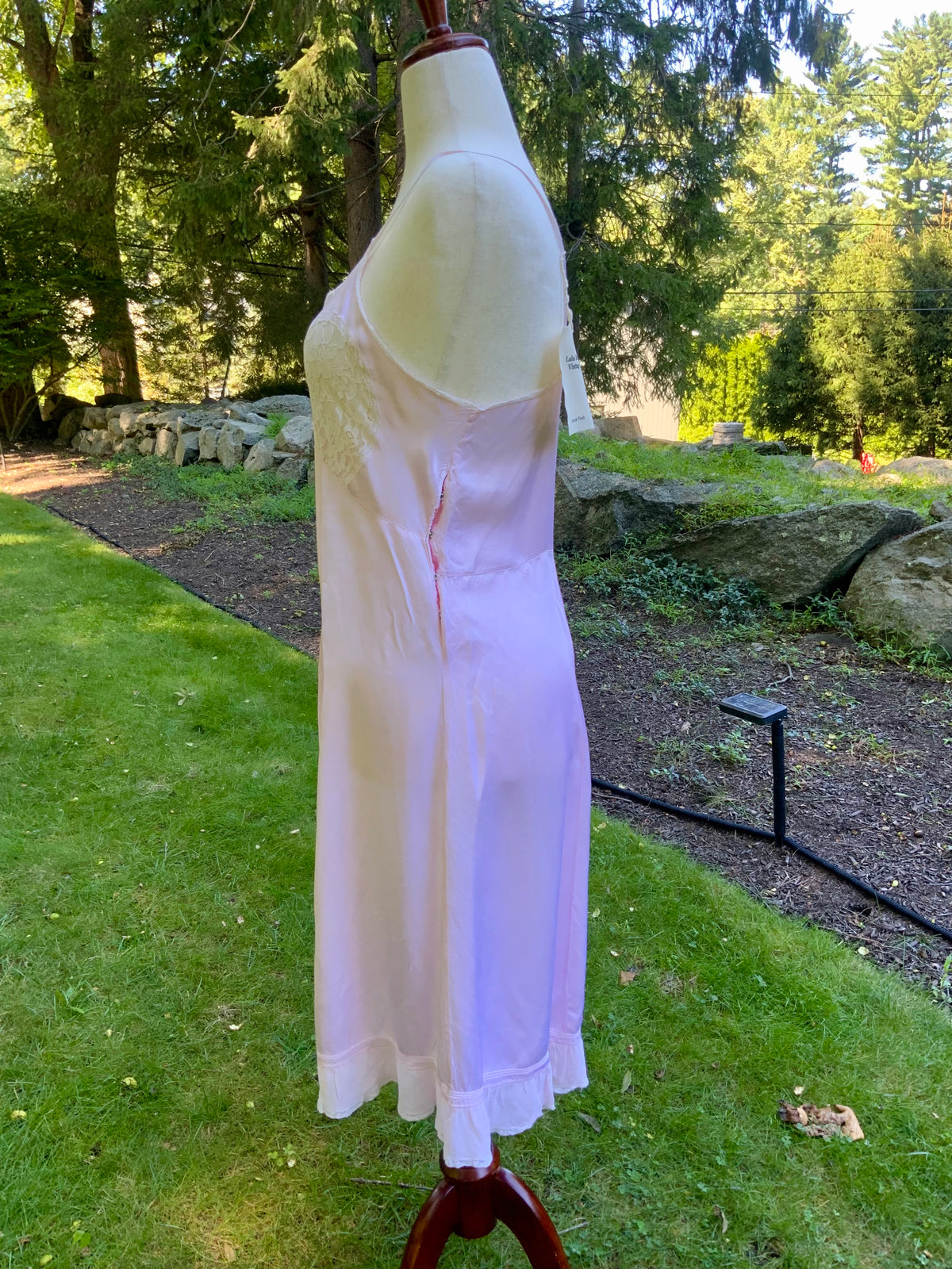 1930s Pink Satin Slip Dress with Lace and Chiffon Ruffle.30CJ