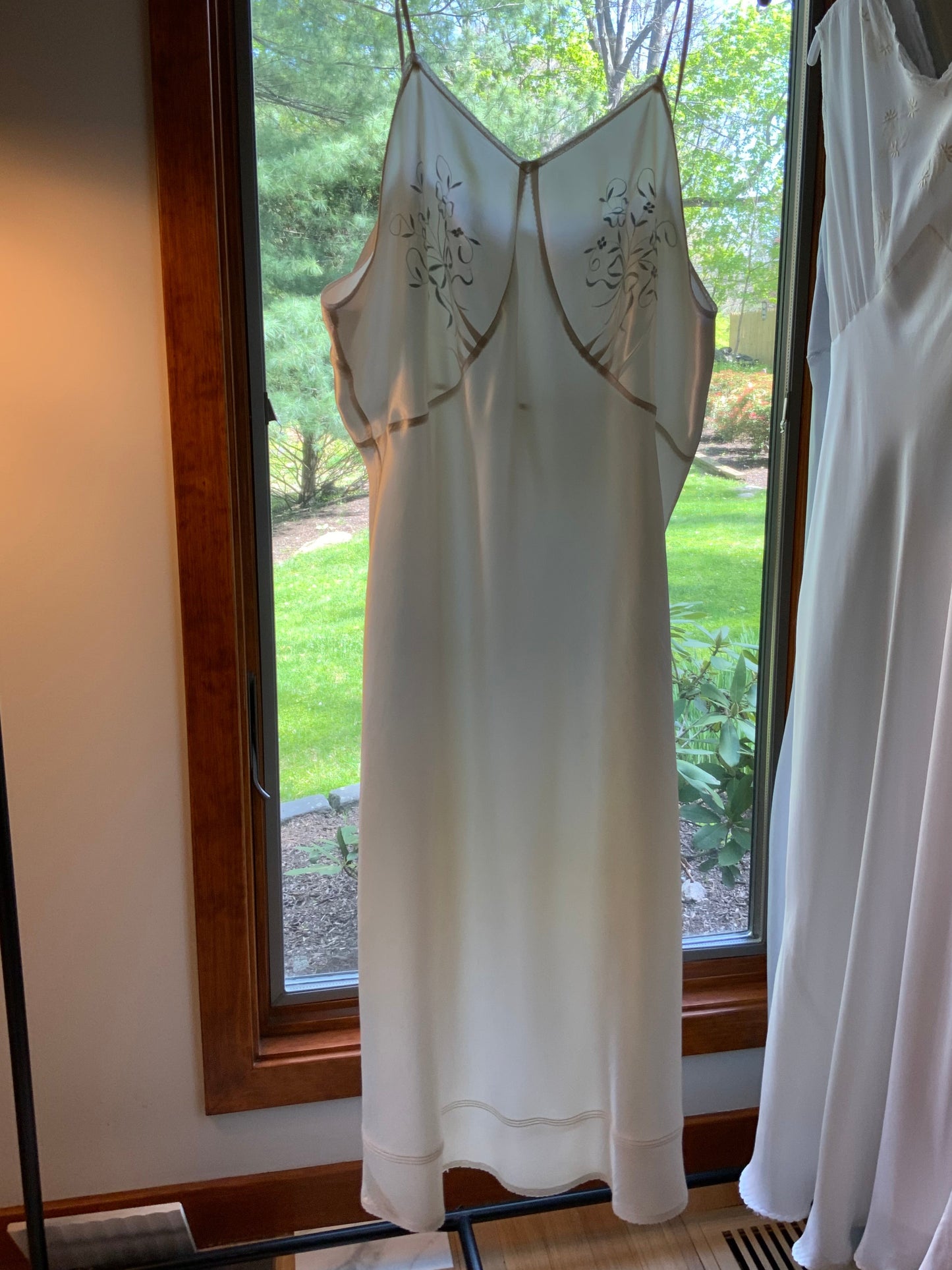 1930s Ivory Silk Satin Embroidered Slip Dress | Blue Floral Boudoir Nightgown | Bias Cut Bridal Lingerie | Old Hollywood Glamour-40AV