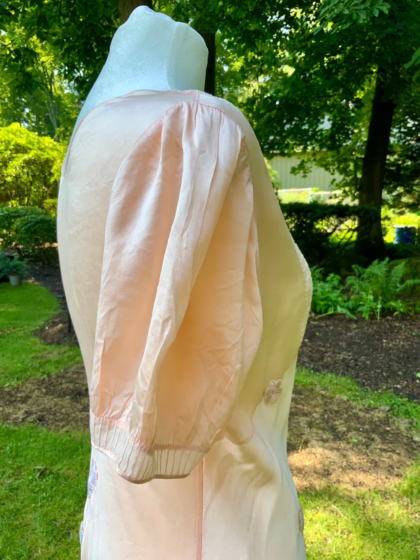 Rare Late 1930s Peach Silk Evening Gown. Pleated Bodice. Bias Cut. Restored Floral Details.30CY