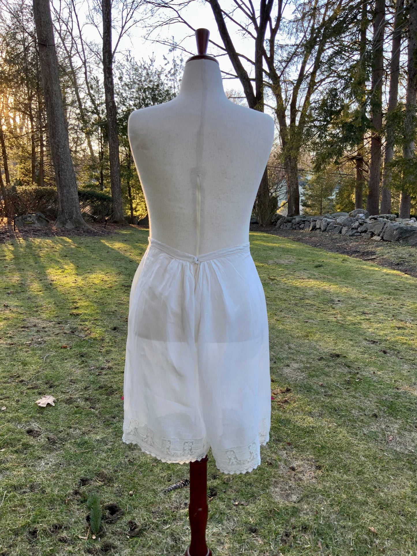 Antique Edwardian Cotton Bloomers c.1905–1915 | Filet Lace Ribbon Hem | Hand Monogram “AB” | Split Drawers Lingerie-ED69