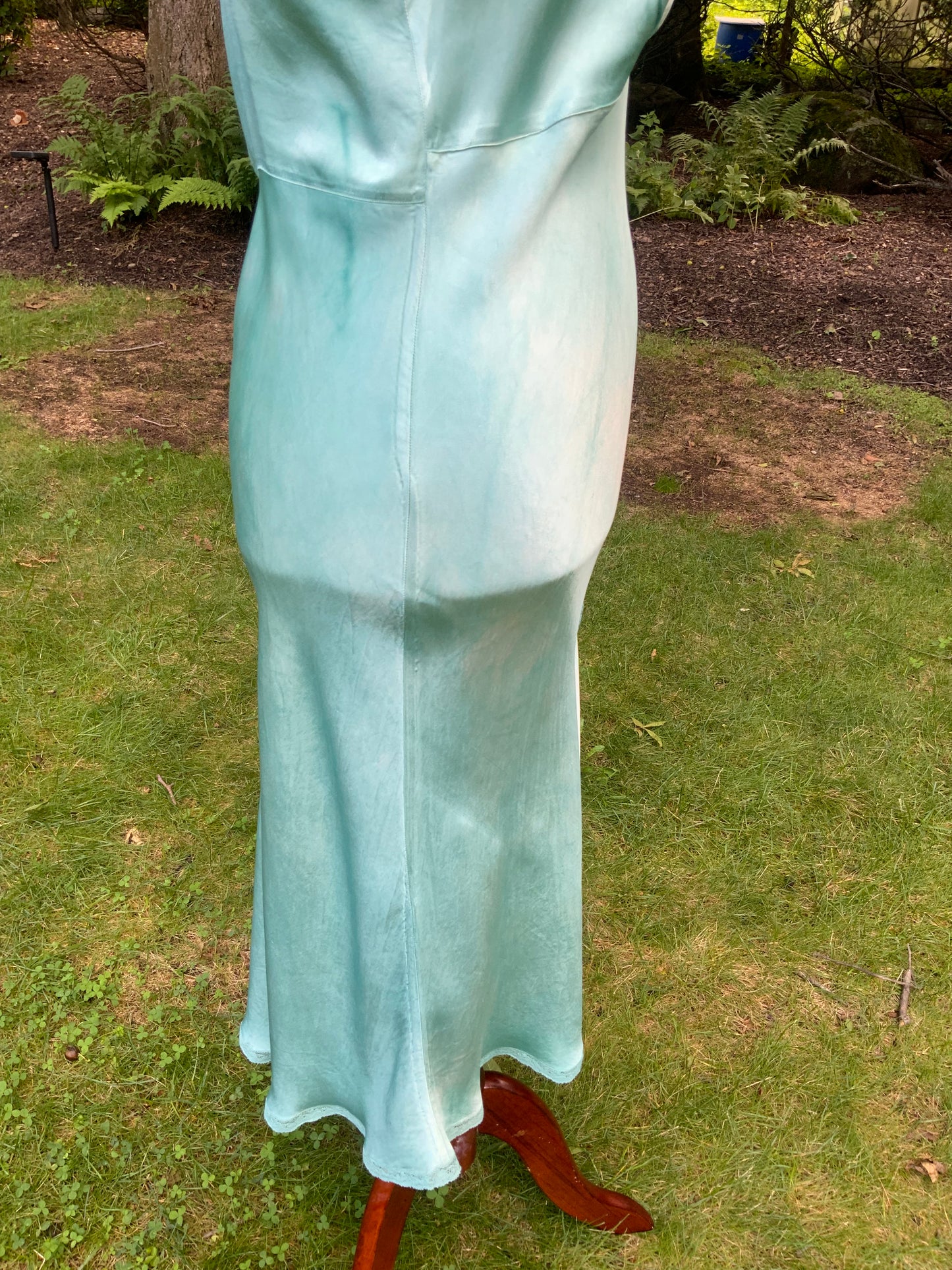 1930s Hand-Dyed Aqua Satin Slip Dress. Embroidered Bias Cut Slip with Sash.40CB