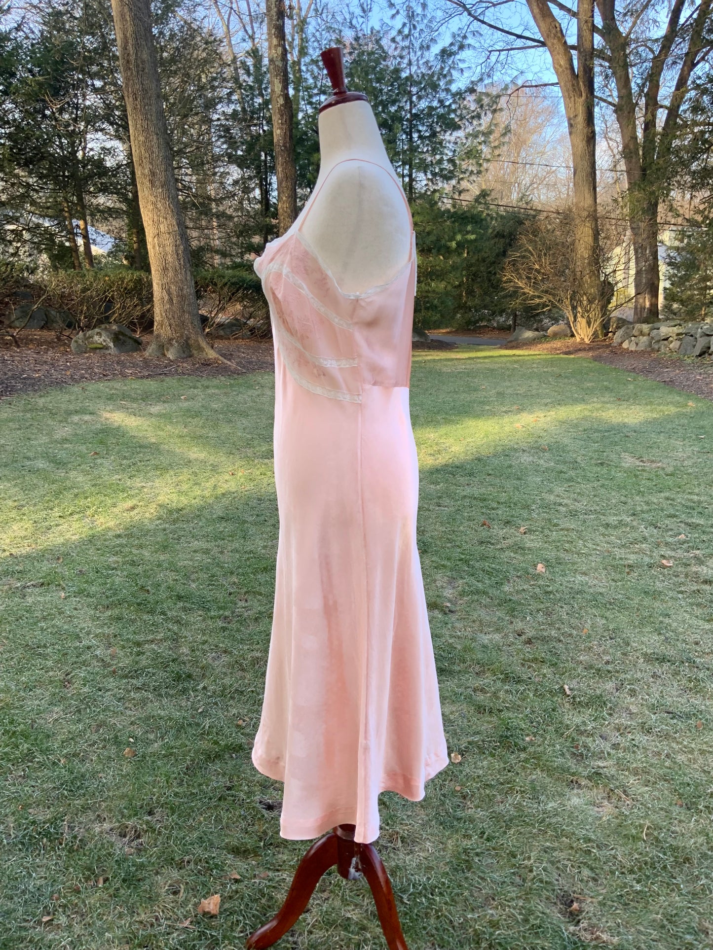 1930s Blush Satin & Chiffon Slip Dress – Floral Embroidery & Lace Panels - 30BA