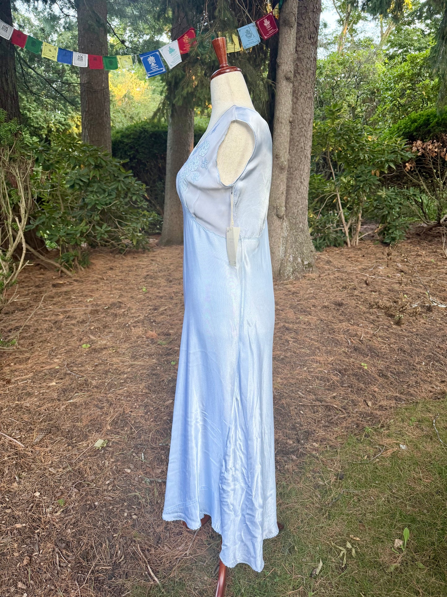 1930s Powder Blue Silk Satin Slip Dress | Embroidered Illusion Mesh Bodice |Large
-30BV