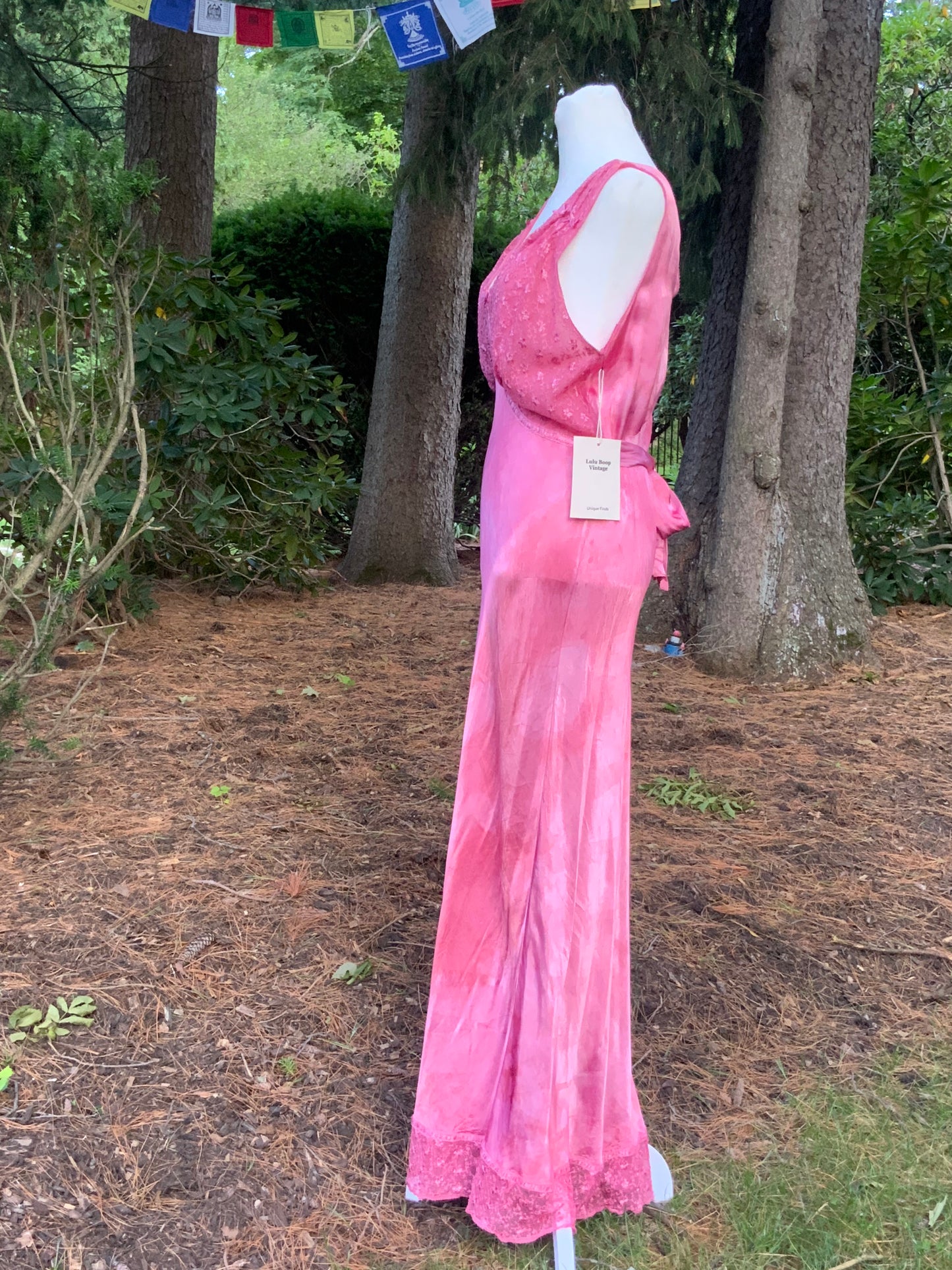 1930s Hand Dyed Pink Satin Nightgown | Floral Lace Nightgown | Bias Cut Boudoir Gown | Romantic Lingerie | Old Hollywood Glamour
-30BJ