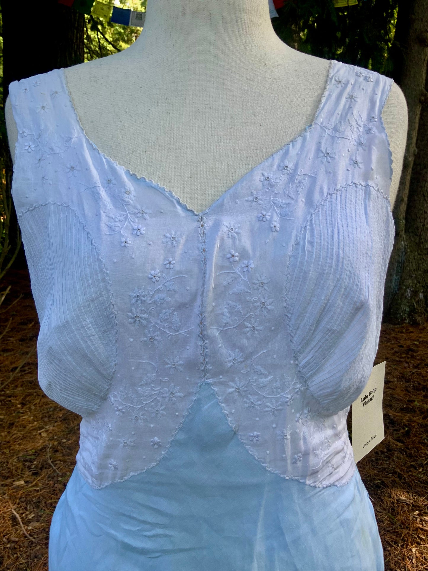 Rare Late 1930s Blue & White Cotton Dress | Embroidered Pintucked Bodice | Bias Cut | Romantic Cottage Dress | Old Hollywood-20AI
