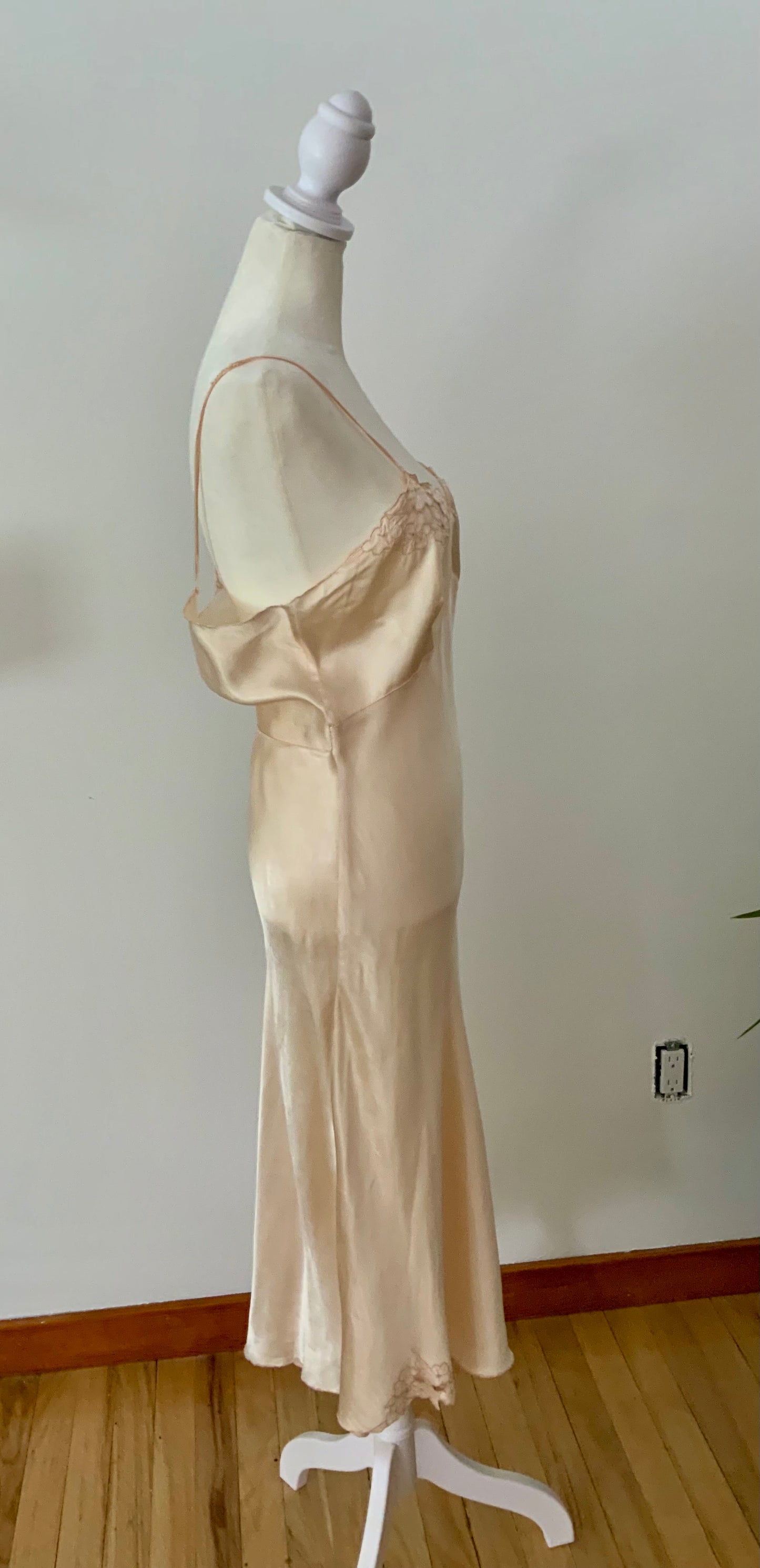 1930s Silk Satin Bias Cut Slip Dress with Floral Lace | Champagne Vintage Lingerie Gown-30BC