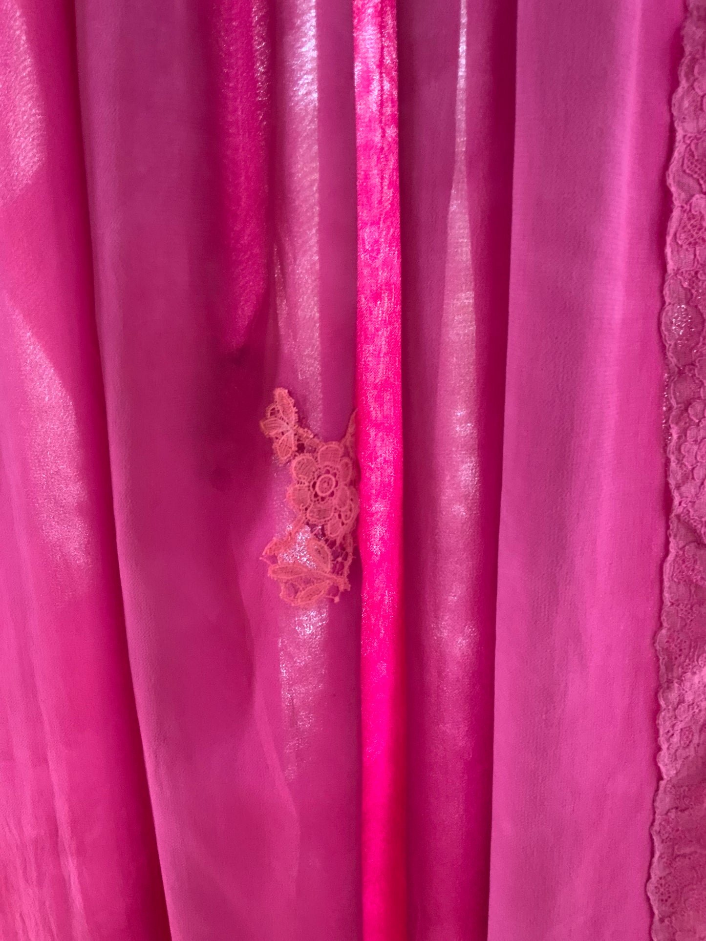 Vintage 1970s Sheer Chiffon Boudoir Gown Hand Dyed Fuchsia Lace Empire Waist XS Lingerie Dress - 70D