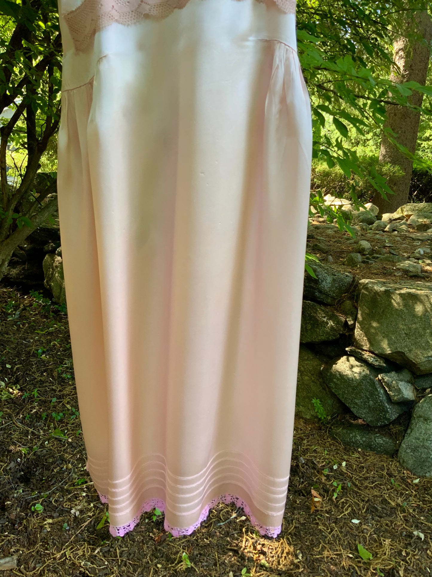 Rare 1930s Blush Pink Satin Boudoir Gown with Embroidery & Ribbon Sash-30DA