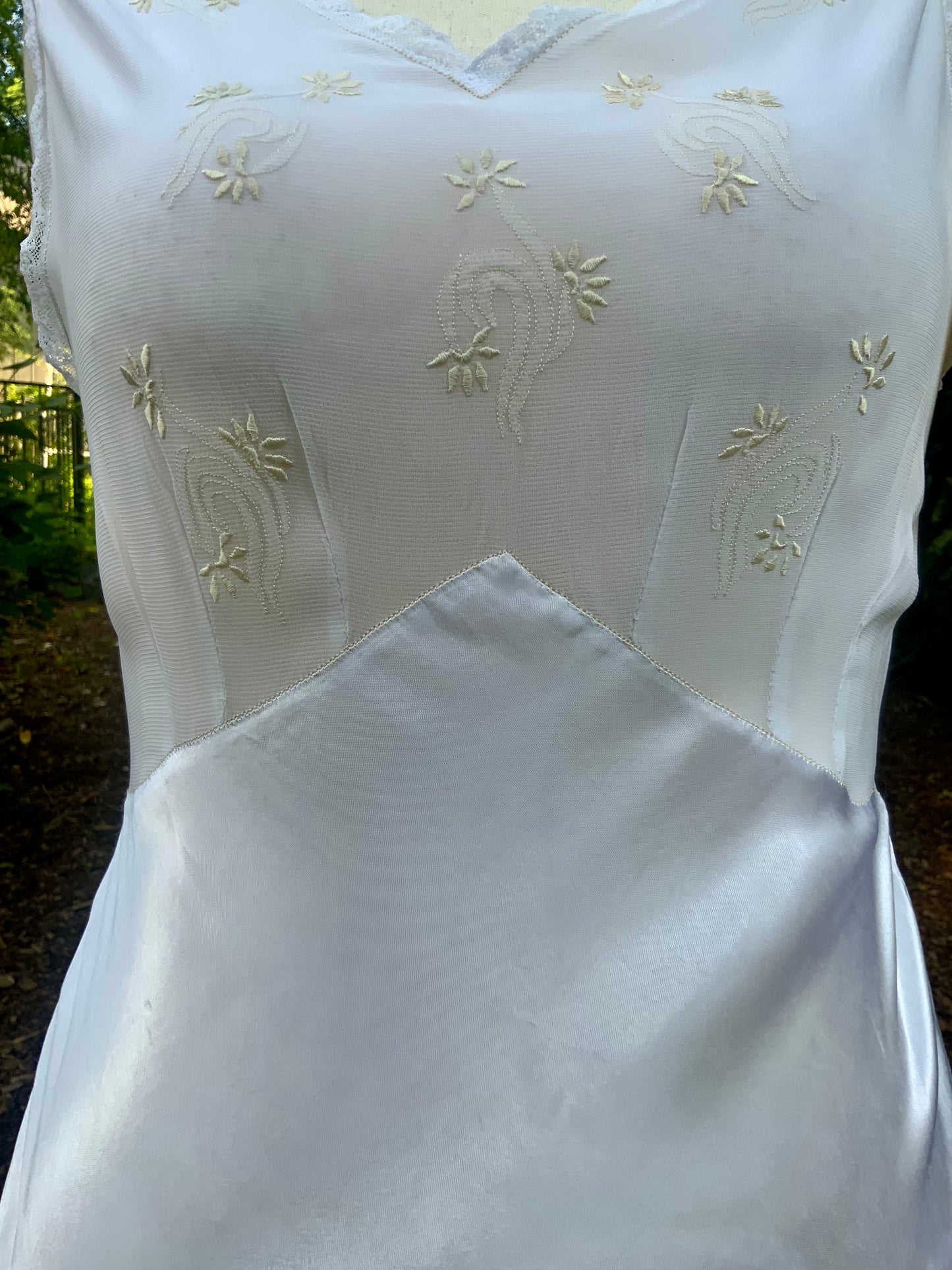 Vintage Satin & Embroidered Sheer Top Slip Dress | 1930s Bias Cut Boudoir Gown-AAA