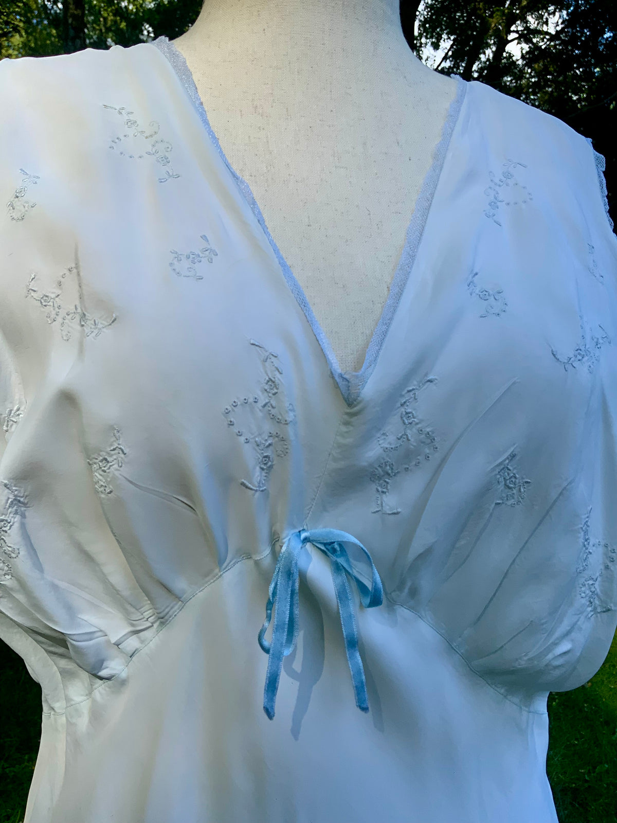 1930s Pale Blue Embroidered Nightgown with Draped Bodice and Velvet Ribbon.30CL