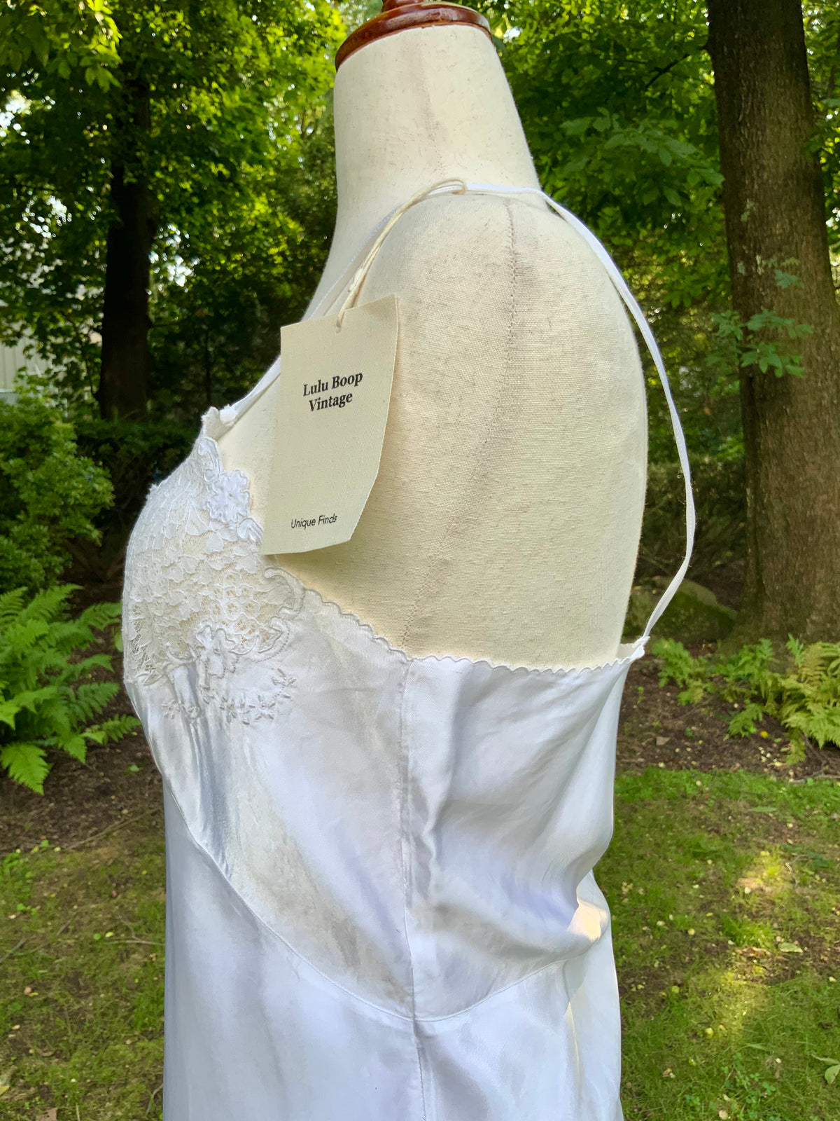 1930s White Satin Bias Cut Slip Dress with Floral Lace .40BT