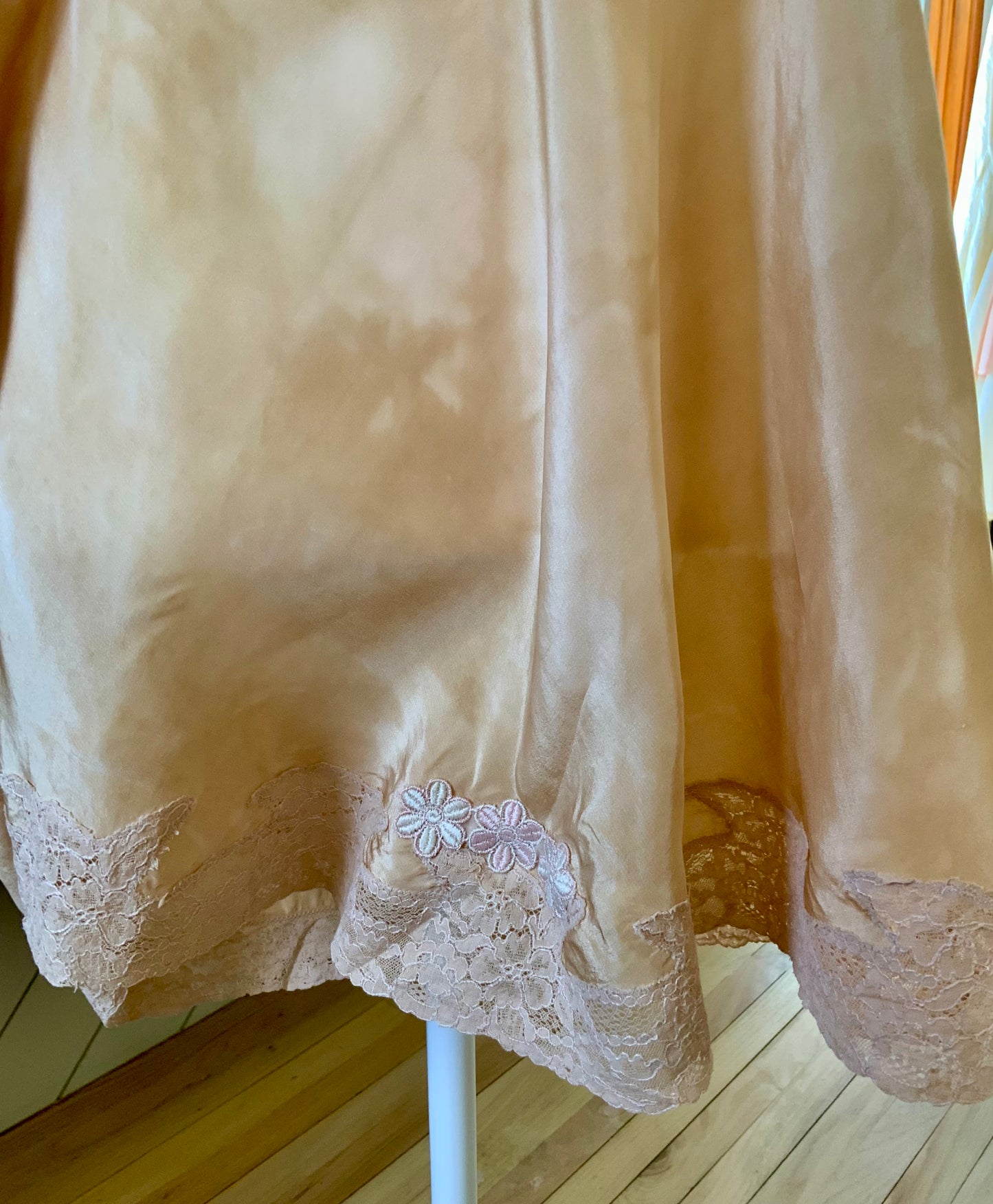 1920s–30s Tea-Dyed Silk Boudoir Teddy | Antique Peach Silk Chemise | Restored Lace Lingerie | Romantic French Style Teddy-20AM