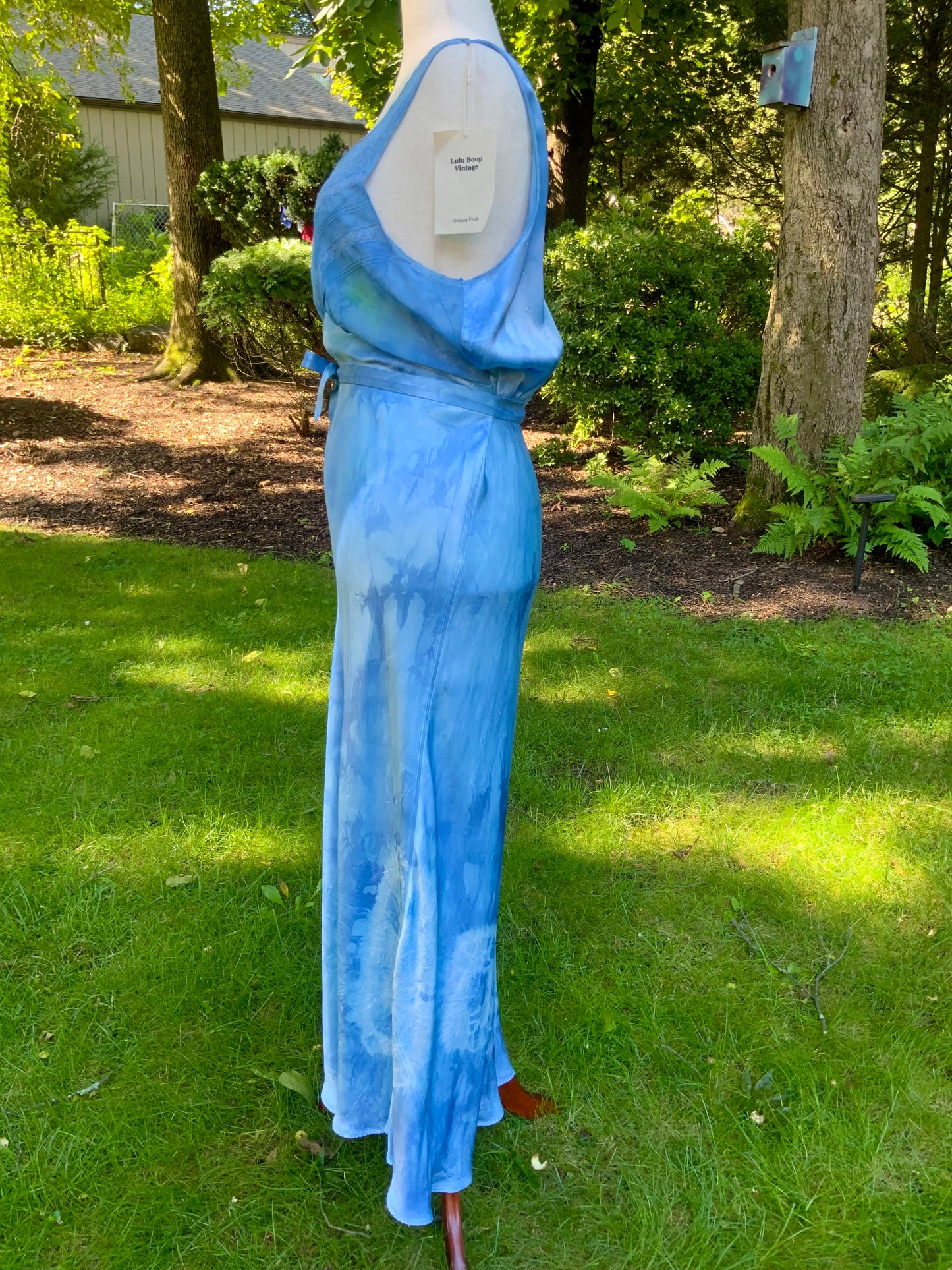 1930s Hand Dyed Blue Bias Cut Satin Nightgown with Lace.40BZ