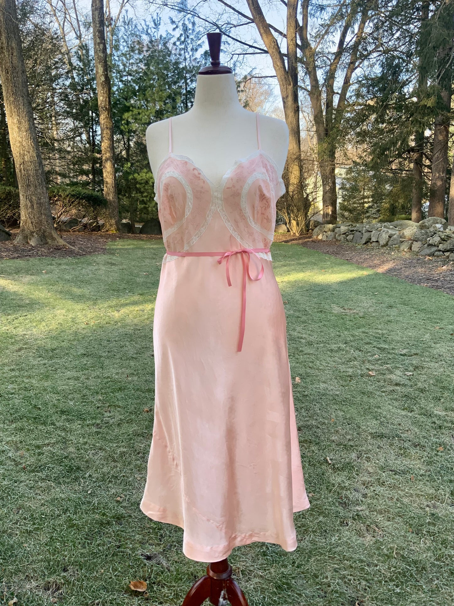 1930s Blush Satin & Chiffon Slip Dress – Floral Embroidery & Lace Panels - 30BA