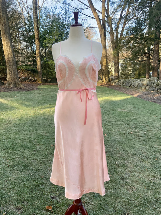 1930s Blush Satin & Chiffon Slip Dress – Floral Embroidery & Lace Panels-