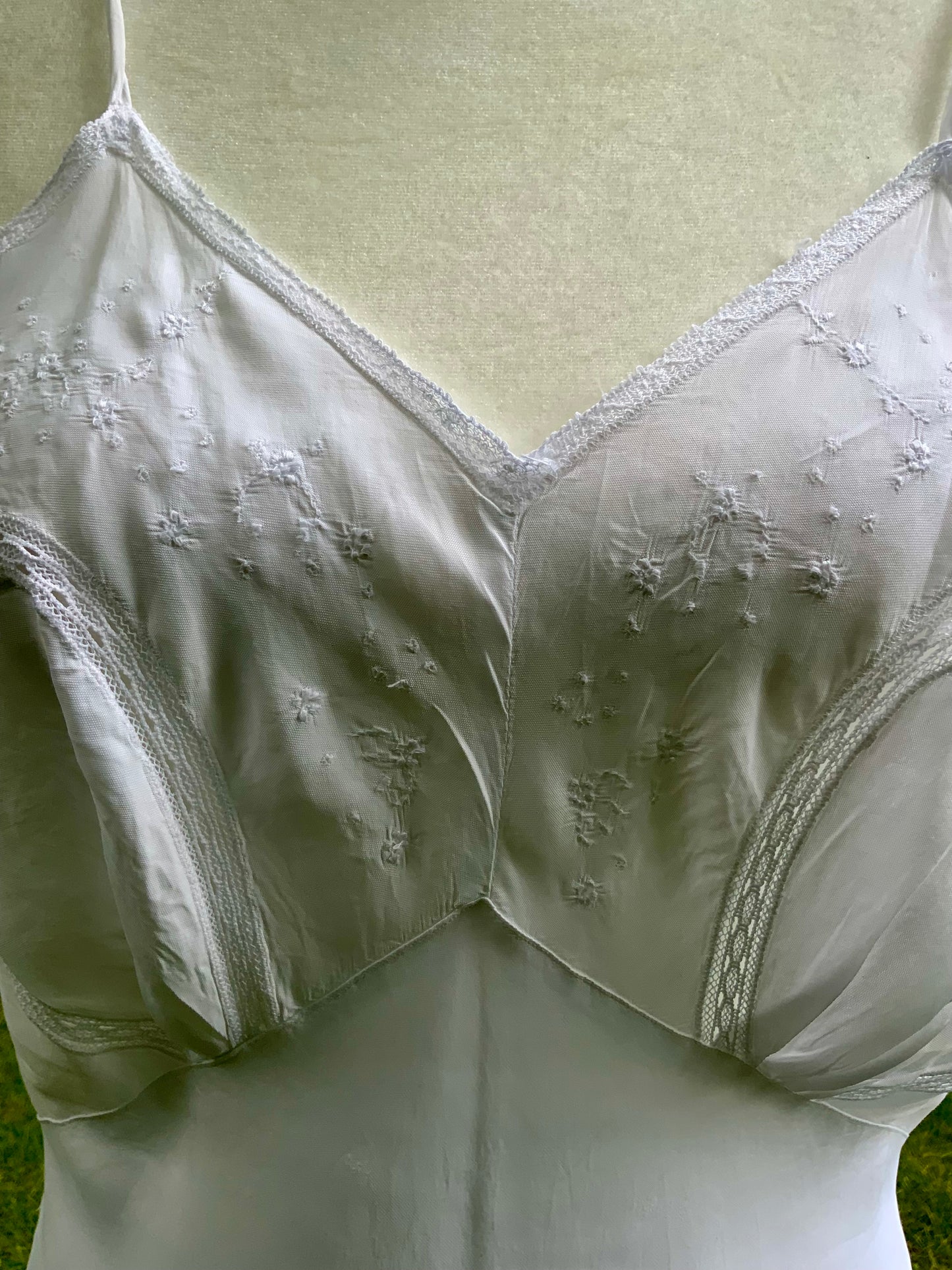 1930s White Satin Nightgown. Embroidered Bias Cut Slip Dress. Bridal Lingerie Gown .30CQ