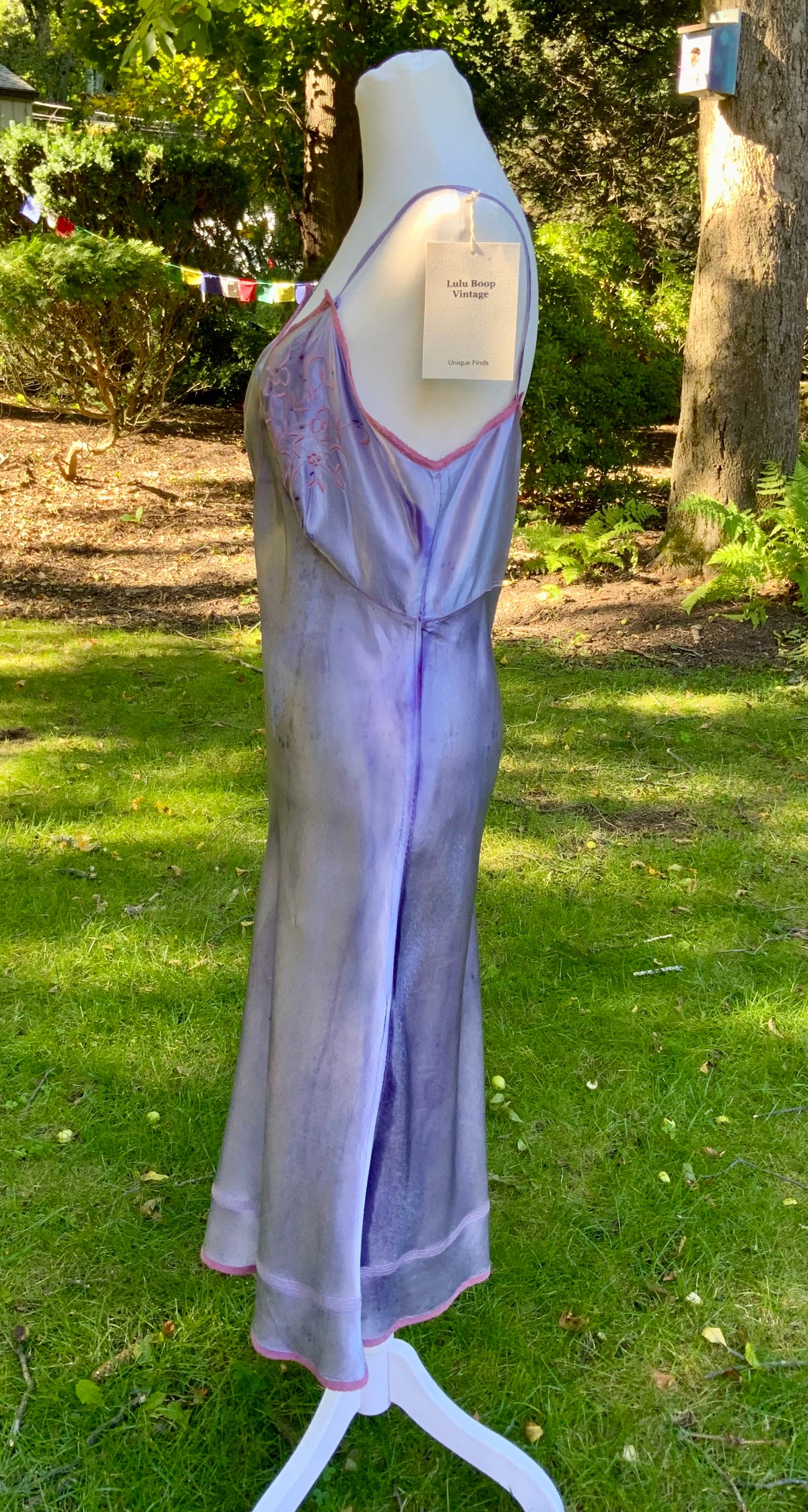 1930s/40s  Hand-Dyed Lilac Satin Slip Dress with Floral Embroidery.40BV