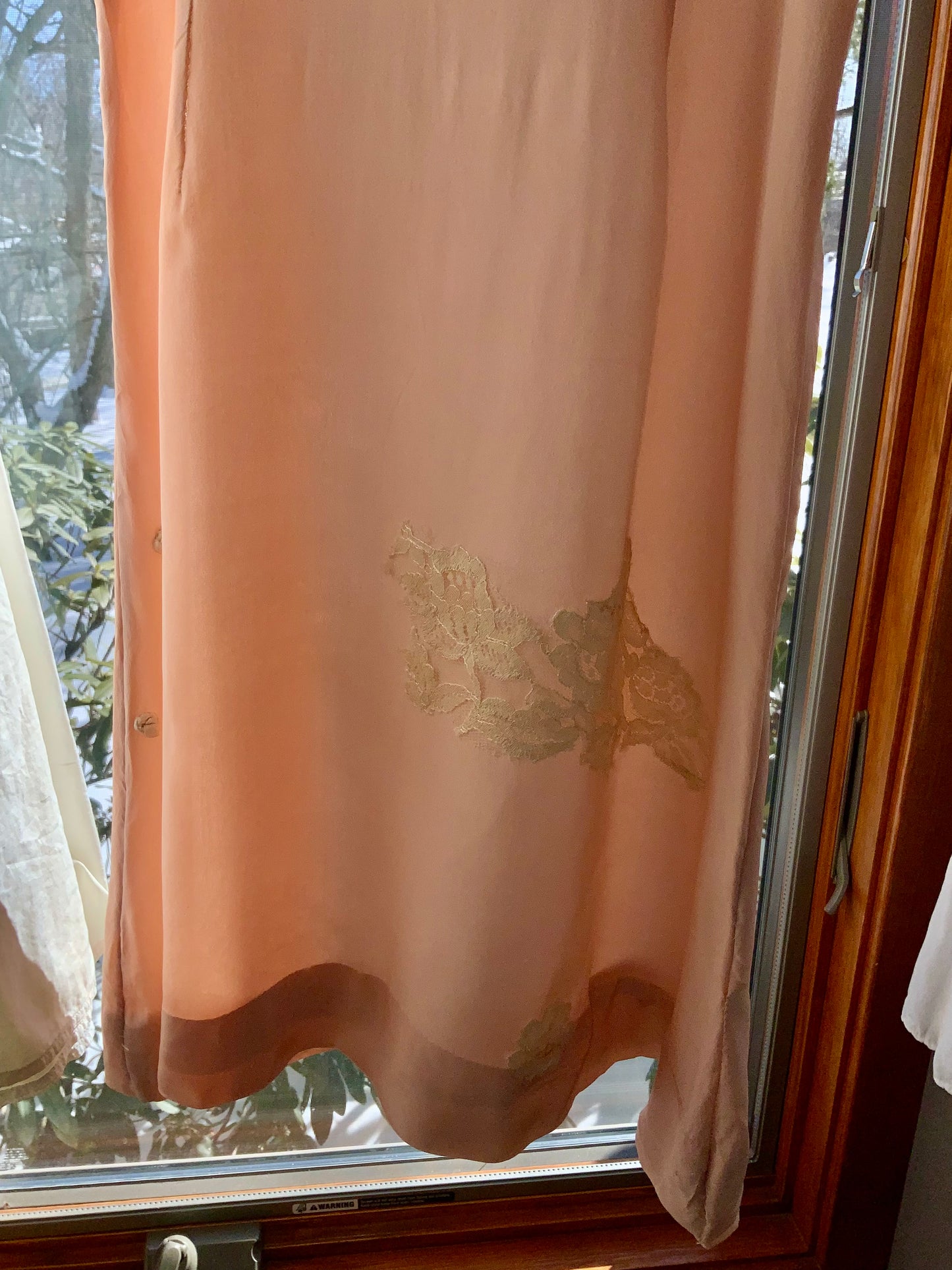 1940s Peach Silk Slip Dress with Antique Lace Appliqué — Pure Silk Boudoir Nightgown-40AU