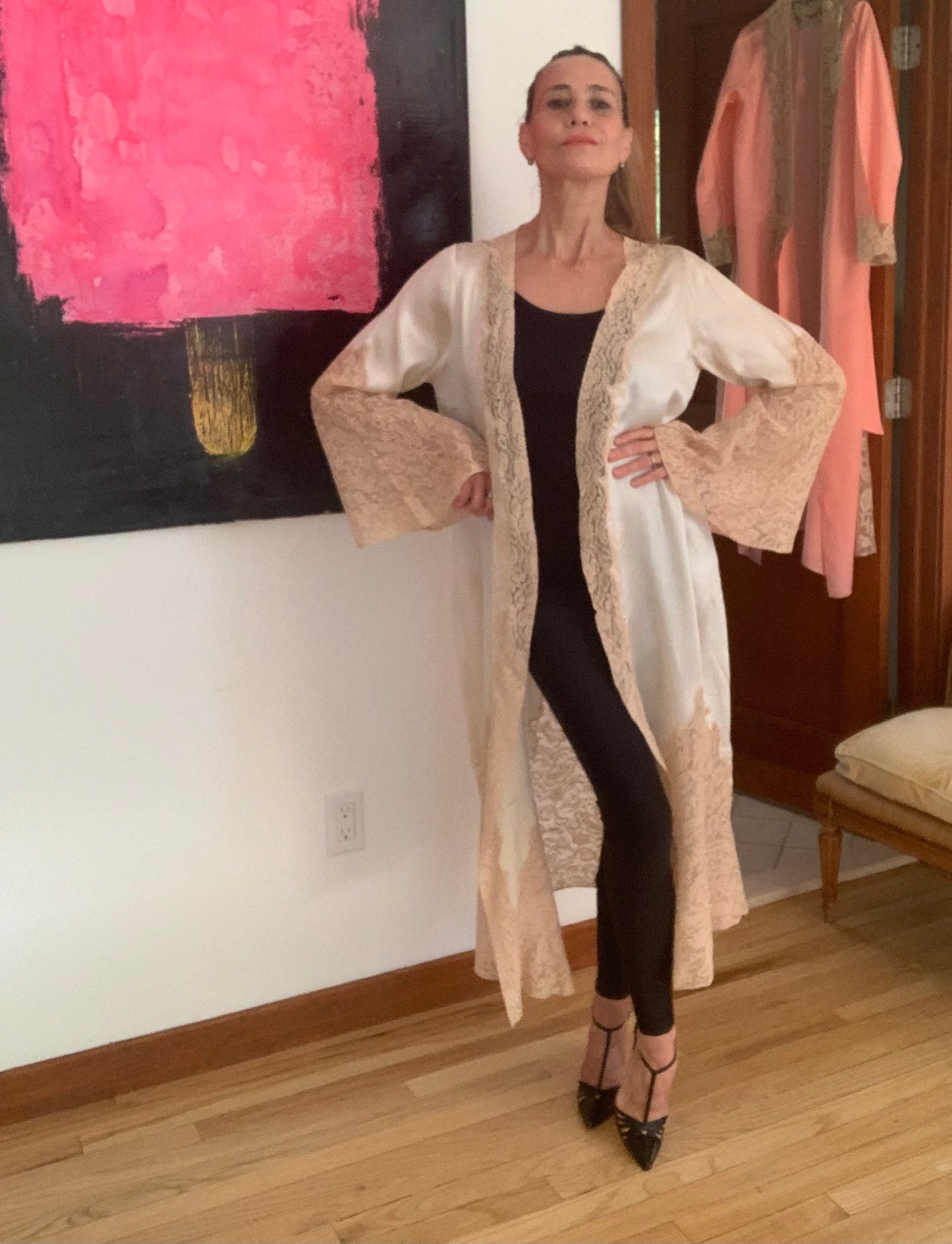 1930s Pure Silk & Lace Robe – Ivory Antique Peignoir with Hand – Luxury Vintage - 30AR