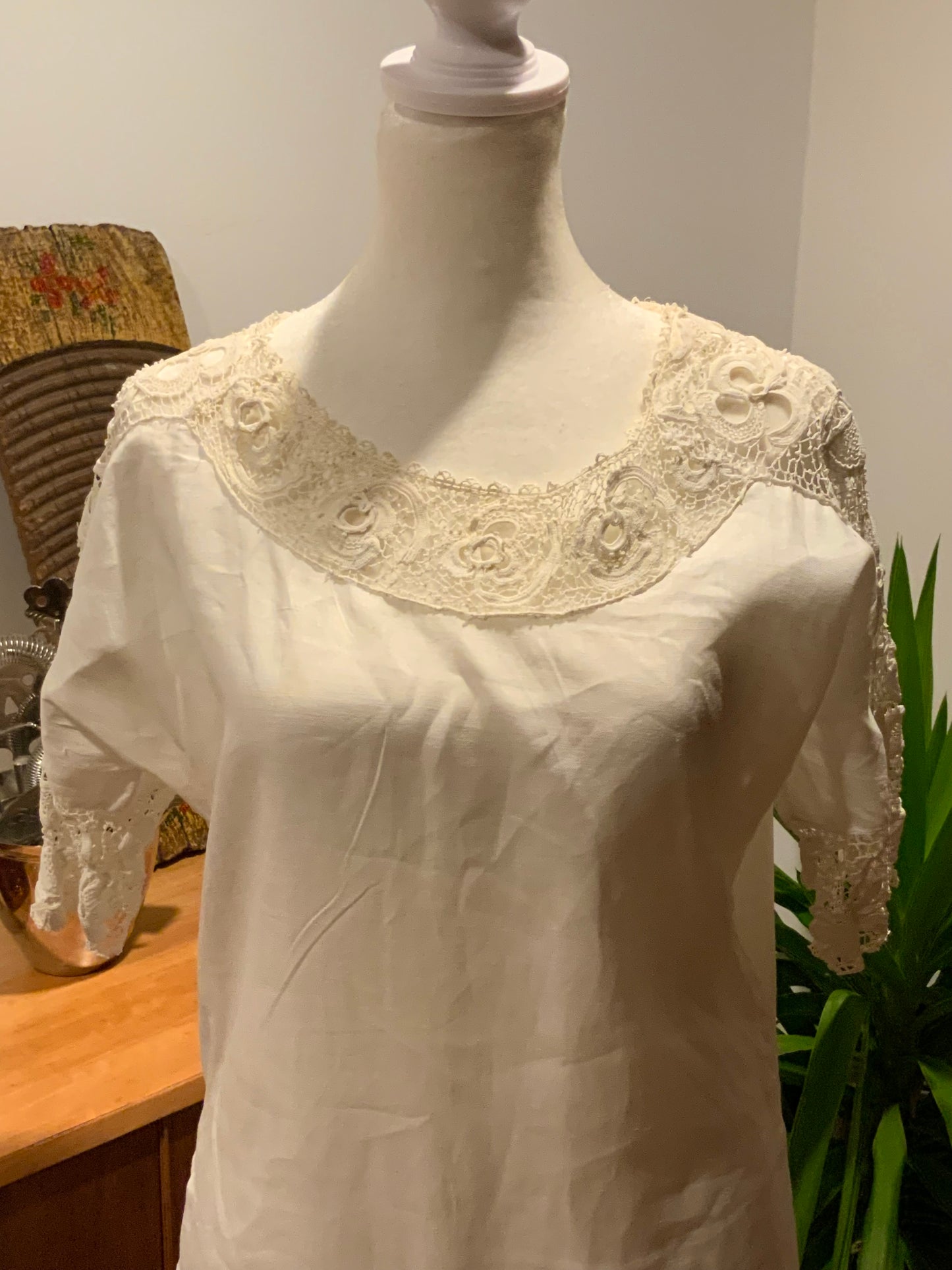 Edwardian Cotton & Lace Tea Dress c.1905–1915 |Antique Lingerie Dress with Battenberg & Crochet Lace-ED32