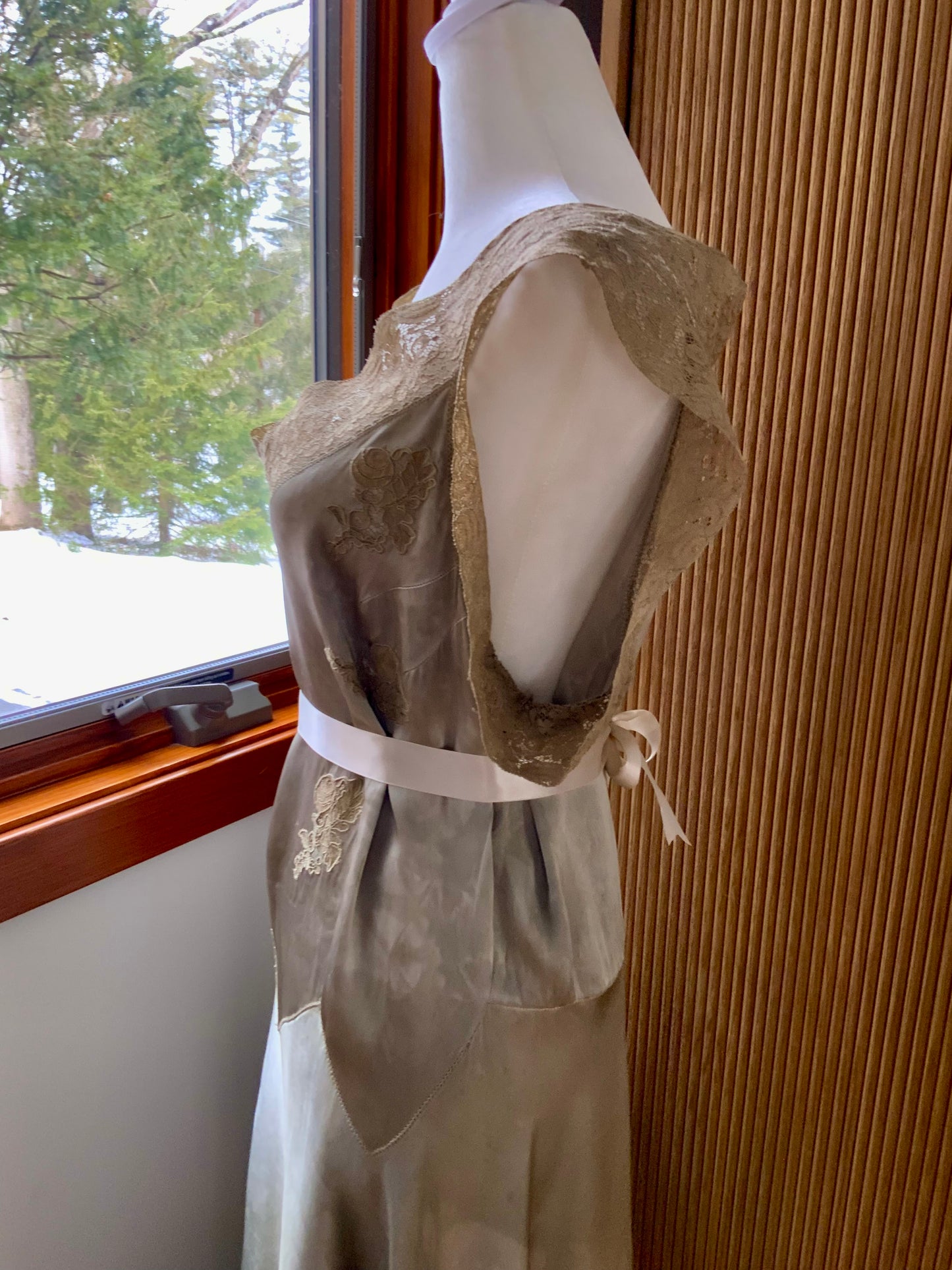 1930s Hand-Dyed Silk Satin Gown with Lace Cap Sleeves - 40AF