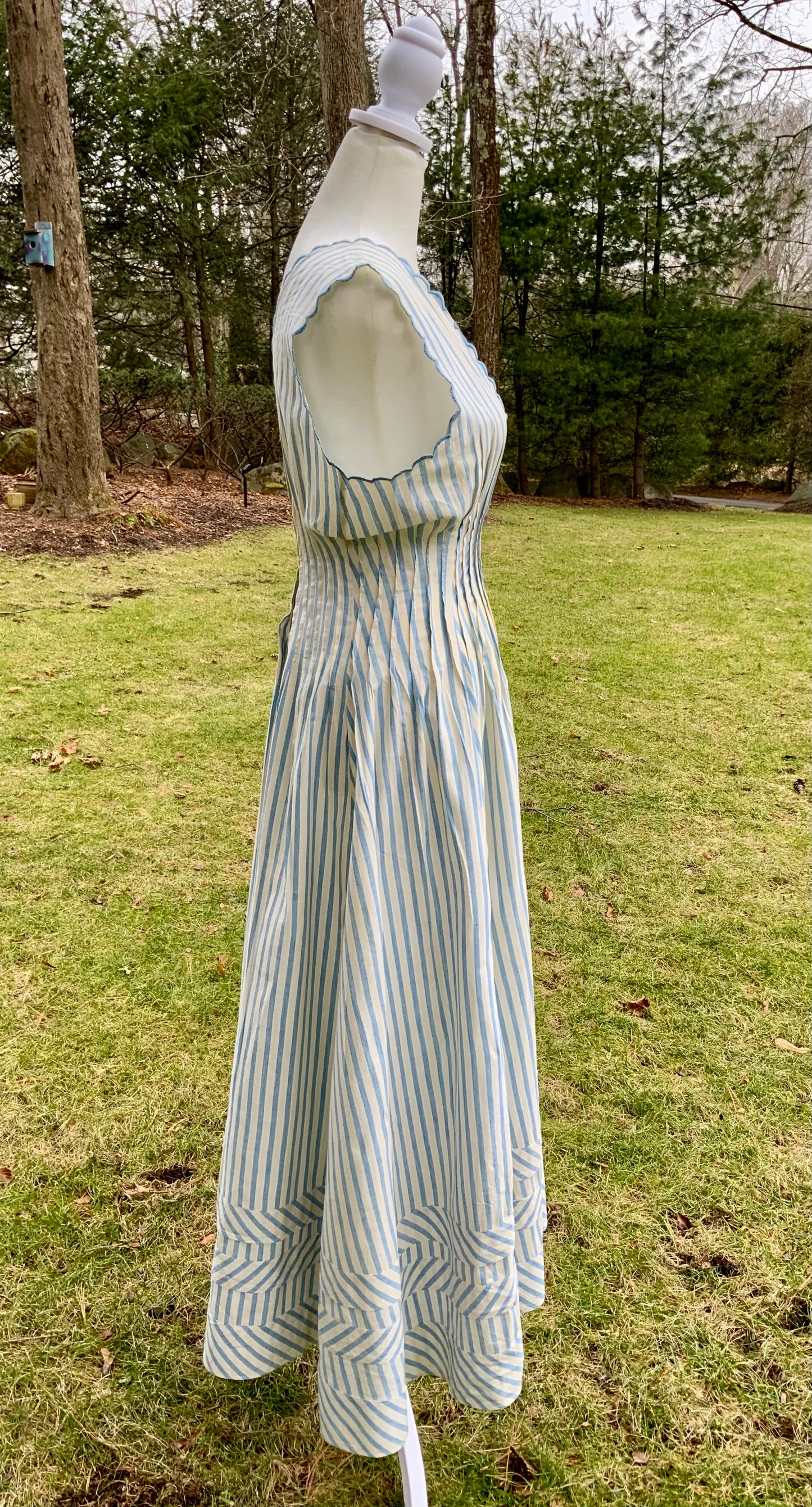 Rare 1915–1922 Edwardian Blue & Ivory Striped Cotton Summer Dress with Chevron Hem-ED42