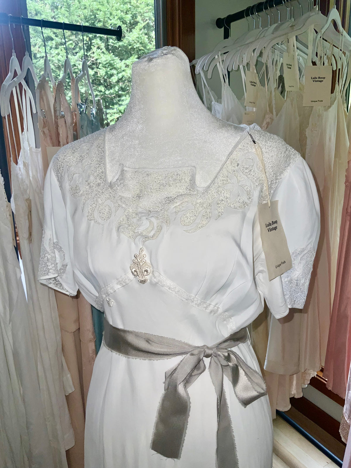 Circa 1930s–1940s White Satin Nightgown with Floral Lace and Ribbon Sash.
